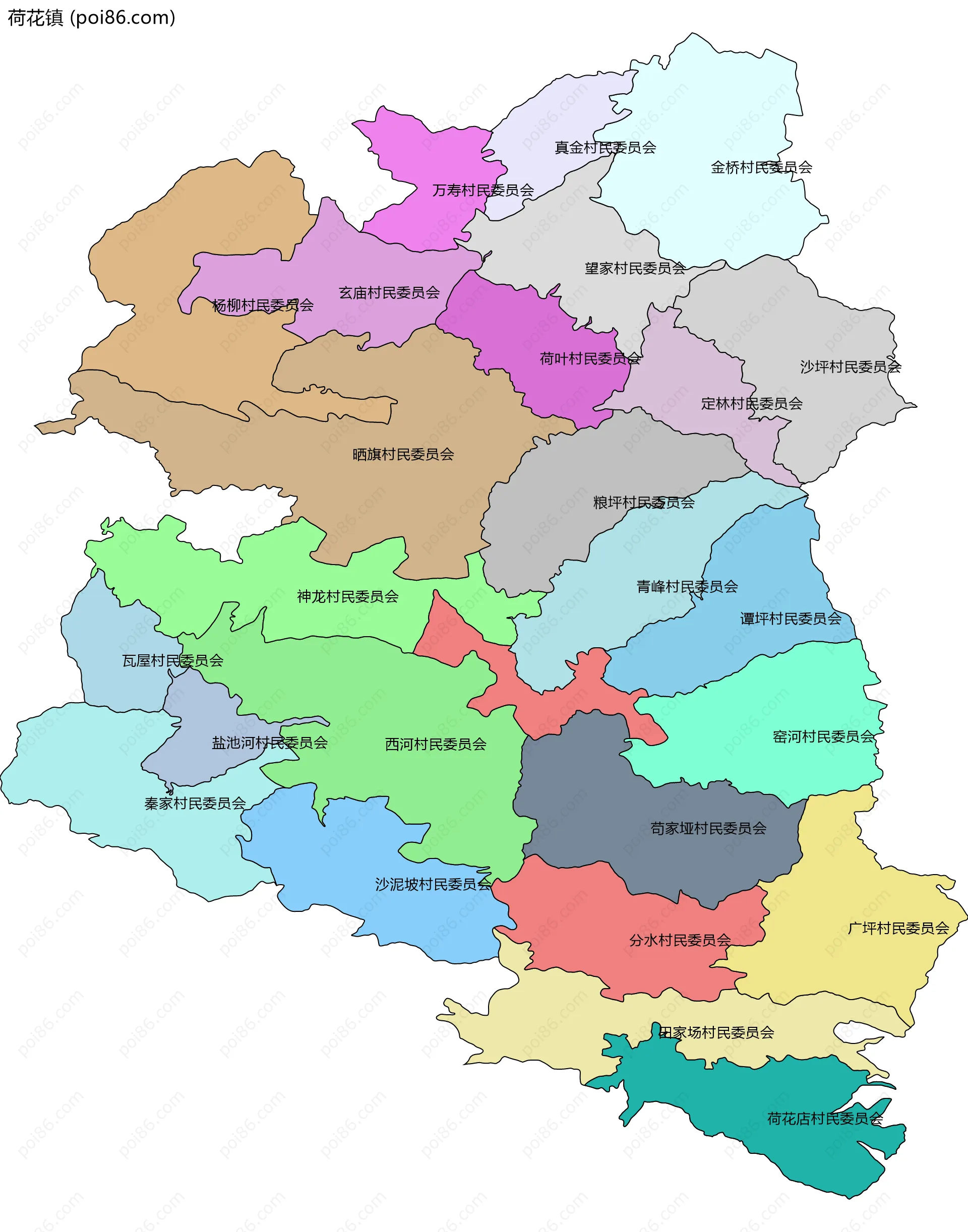 荷花镇边界地图(五级行政区划)