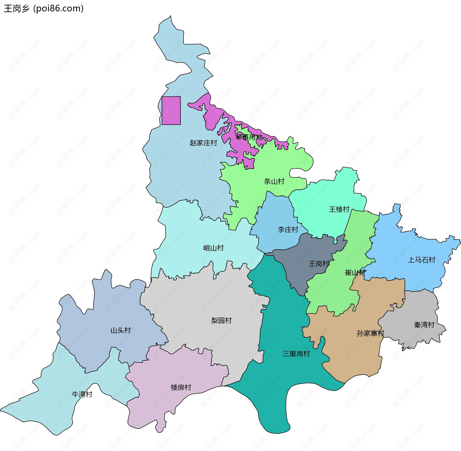 王岗乡边界地图(五级行政区划)