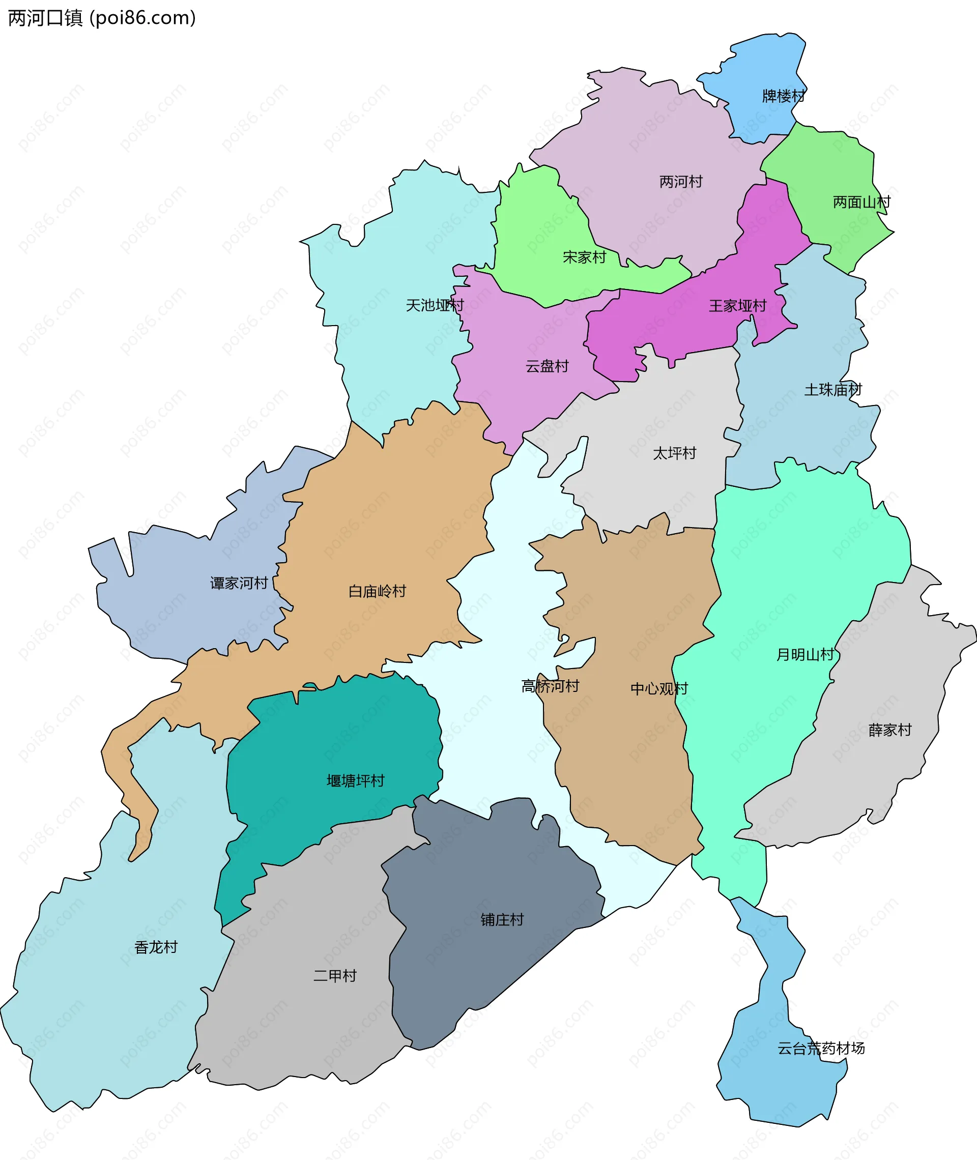 两河口镇边界地图(五级行政区划)