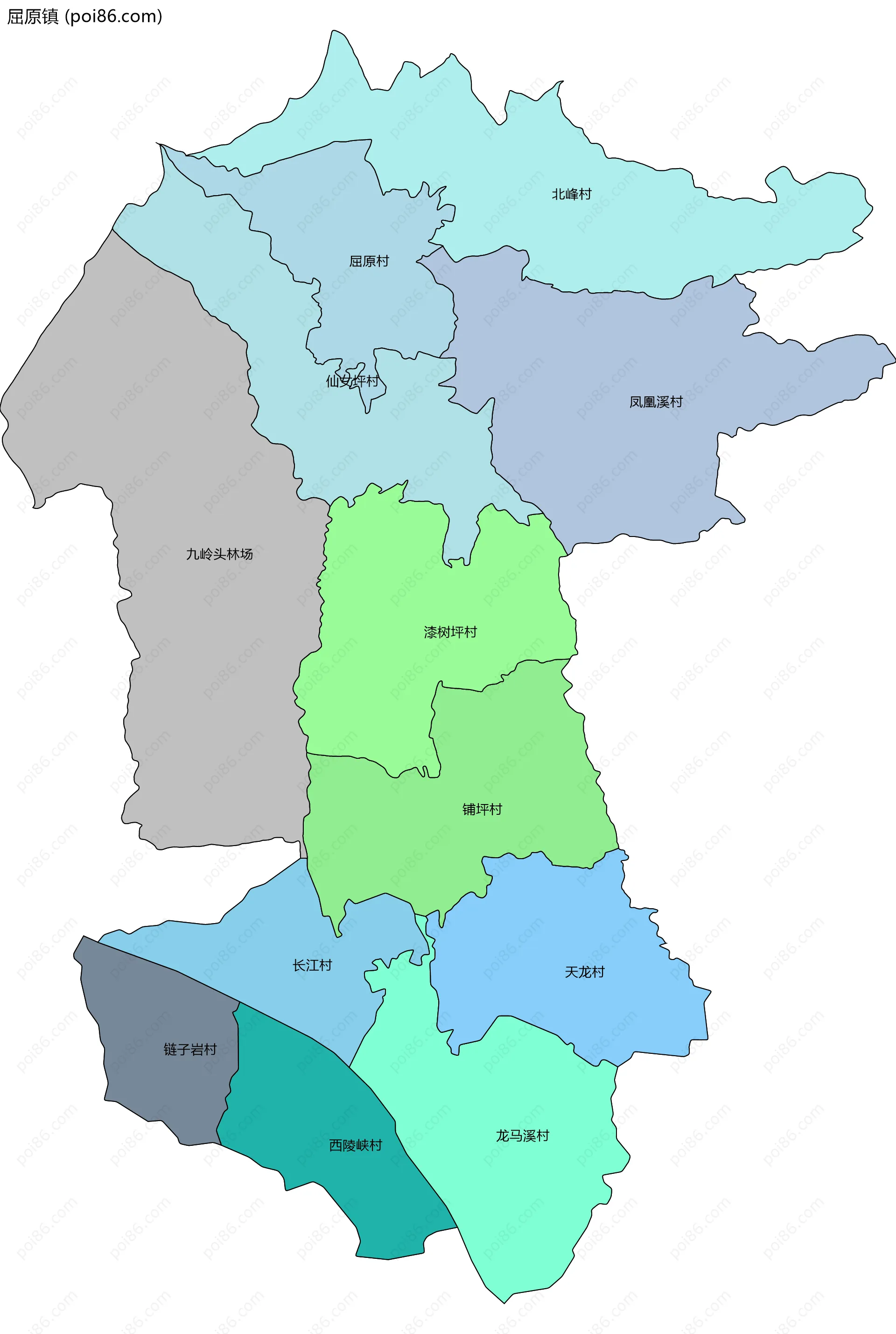 屈原镇边界地图(五级行政区划)