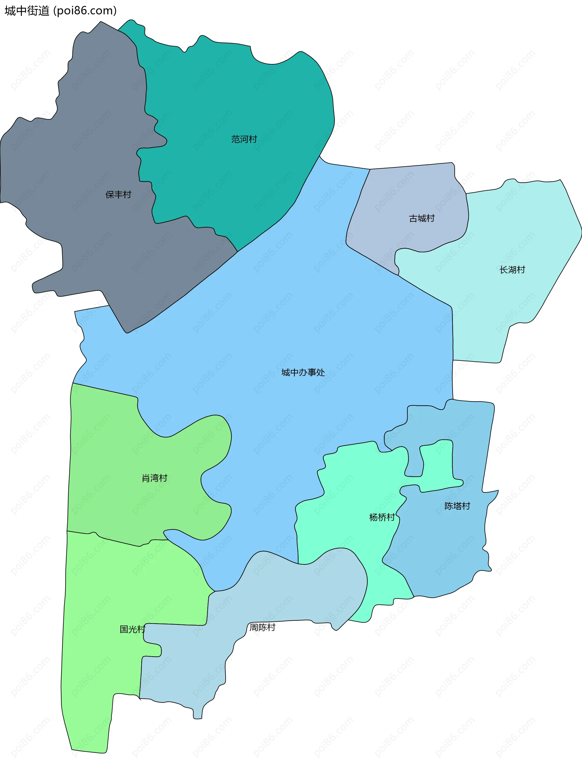 城中街道边界地图(五级行政区划)