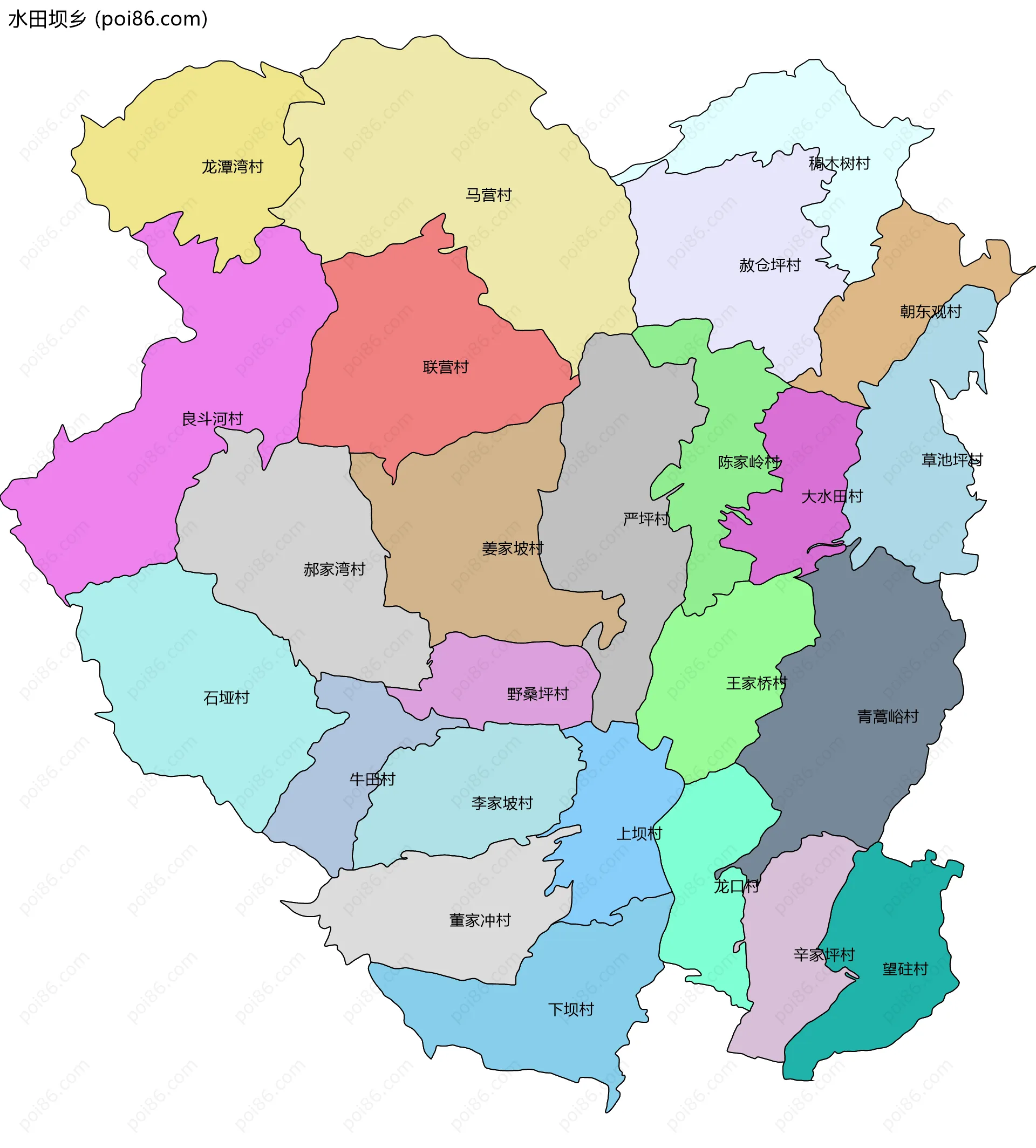 水田坝乡边界地图(五级行政区划)