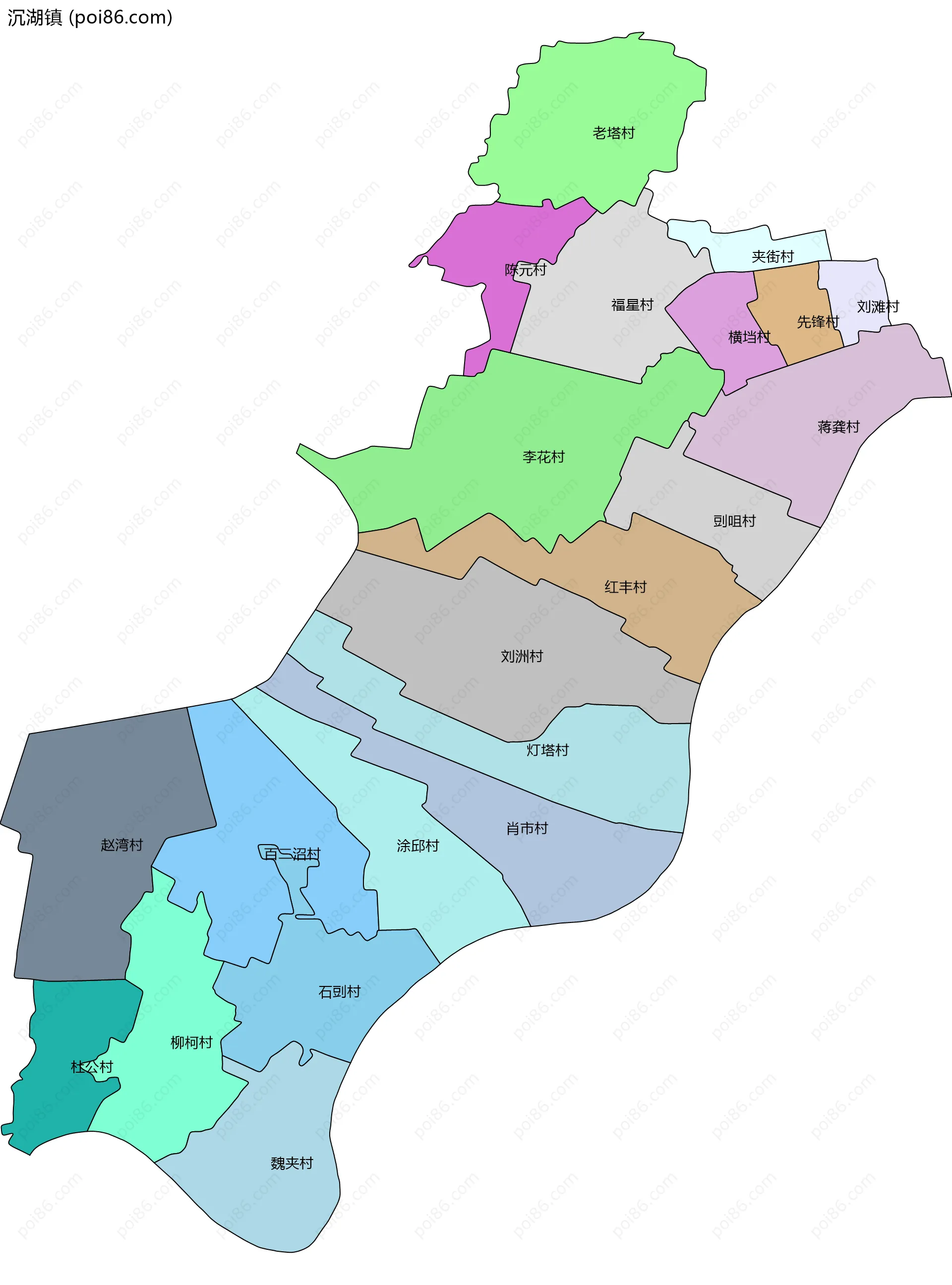 沉湖镇边界地图(五级行政区划)