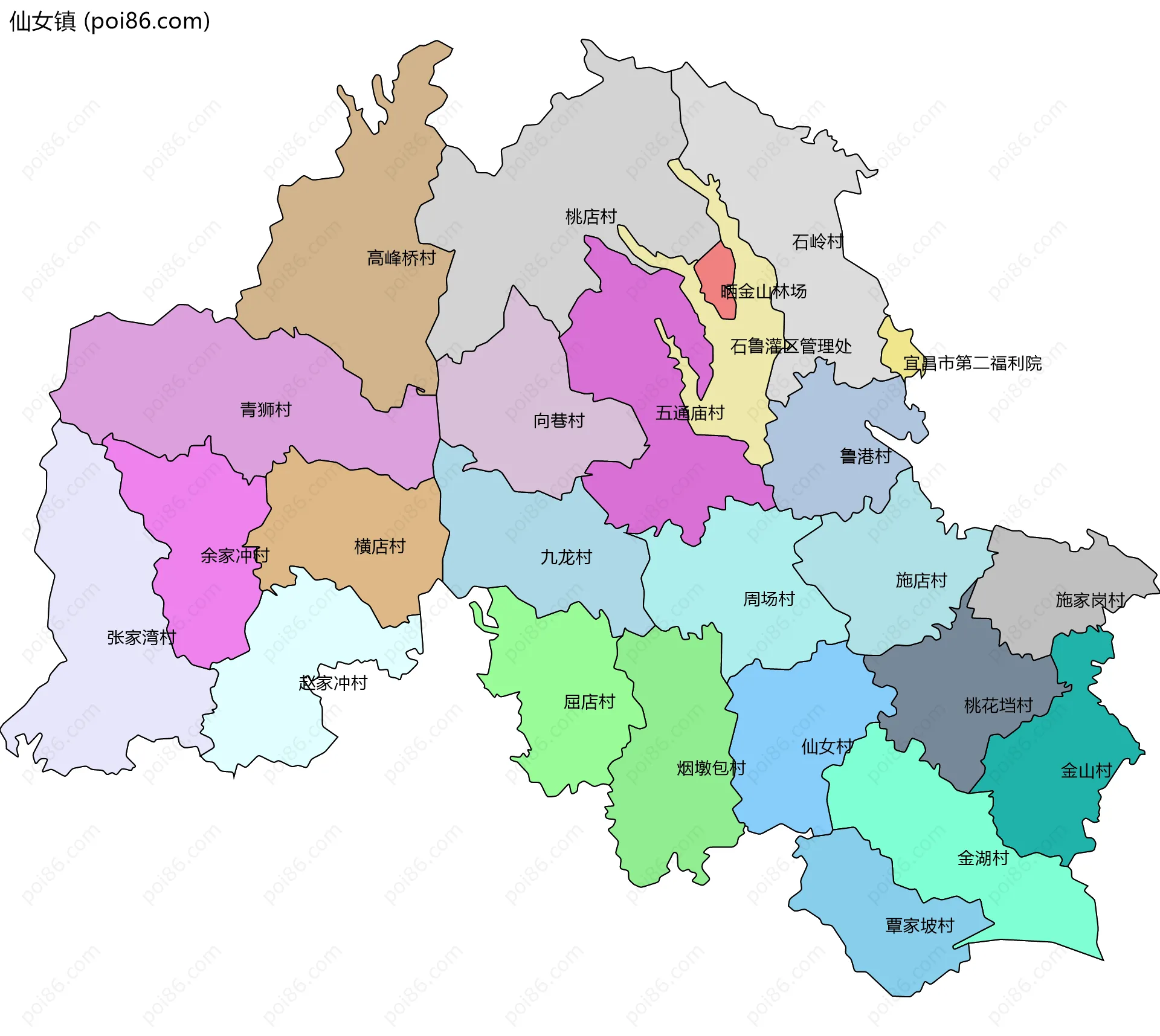 仙女镇边界地图(五级行政区划)