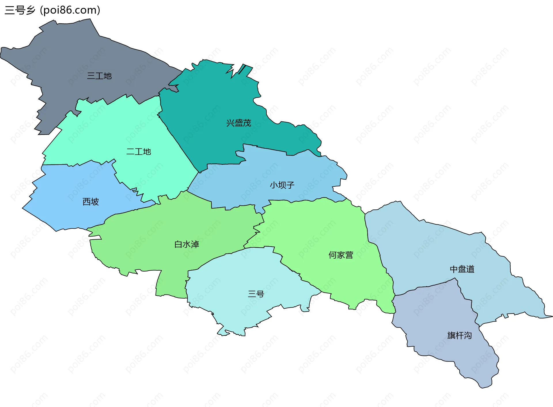 三号乡边界地图(五级行政区划)
