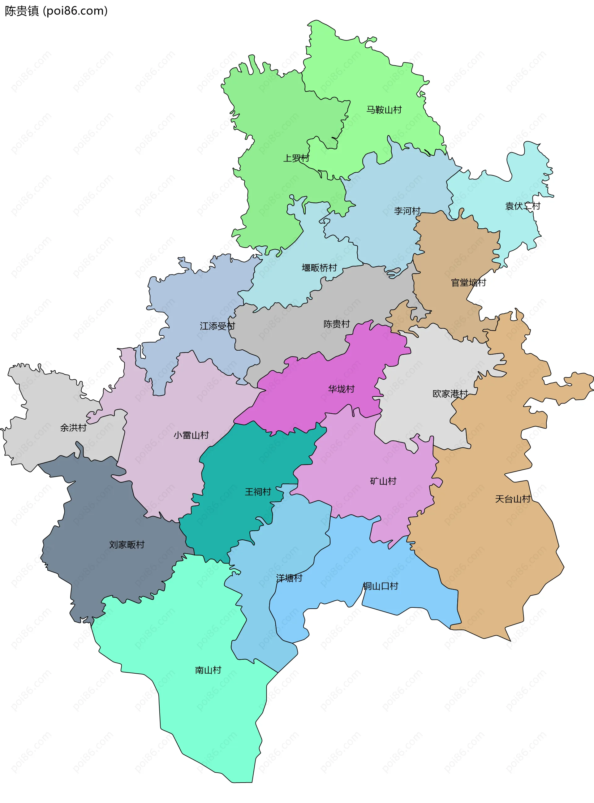 陈贵镇边界地图(五级行政区划)