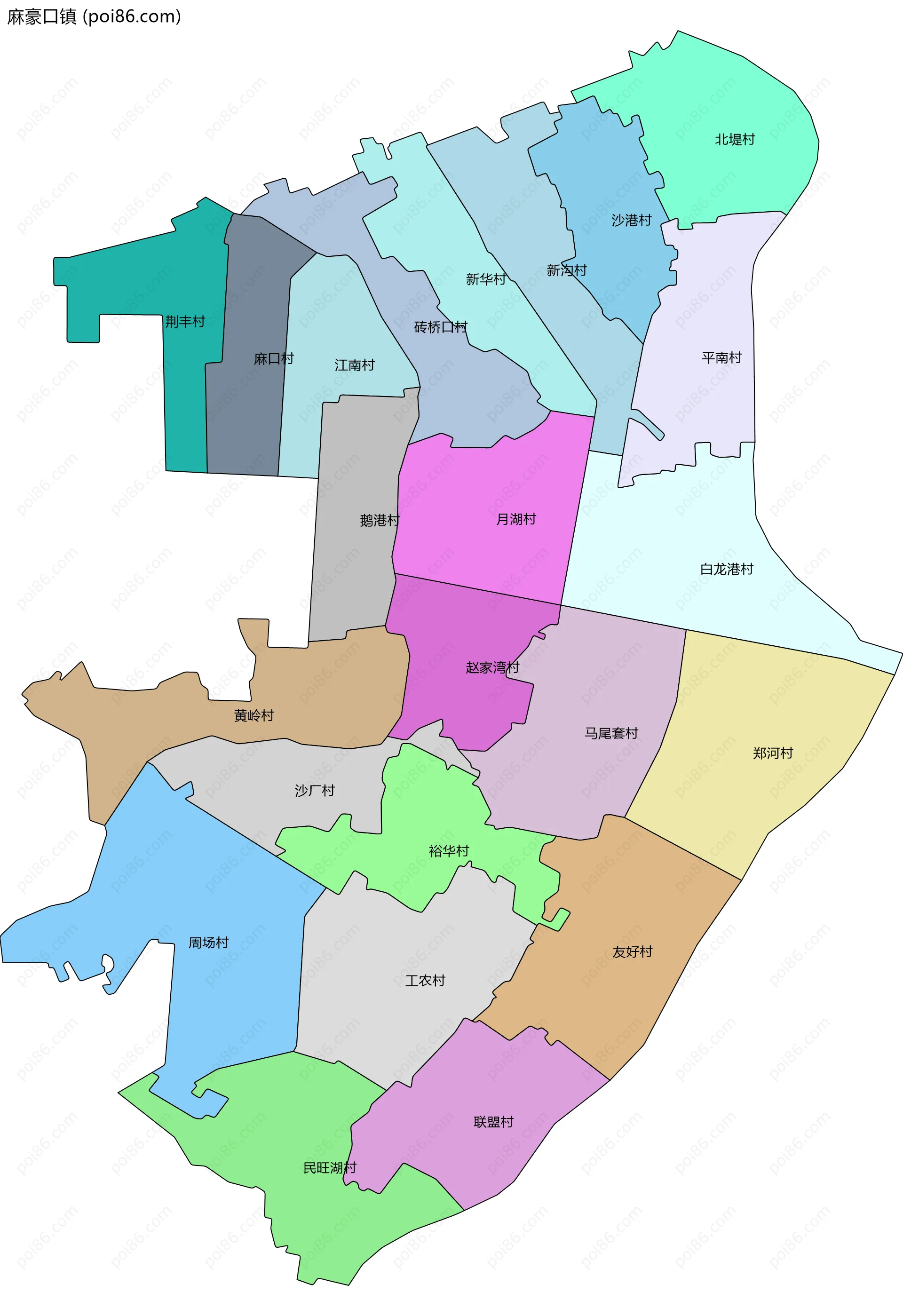 麻豪口镇边界地图(五级行政区划)