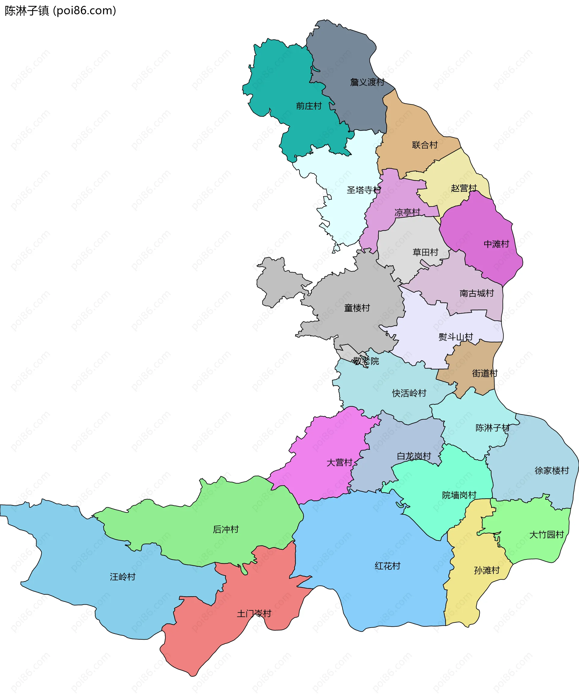 陈淋子镇边界地图(五级行政区划)