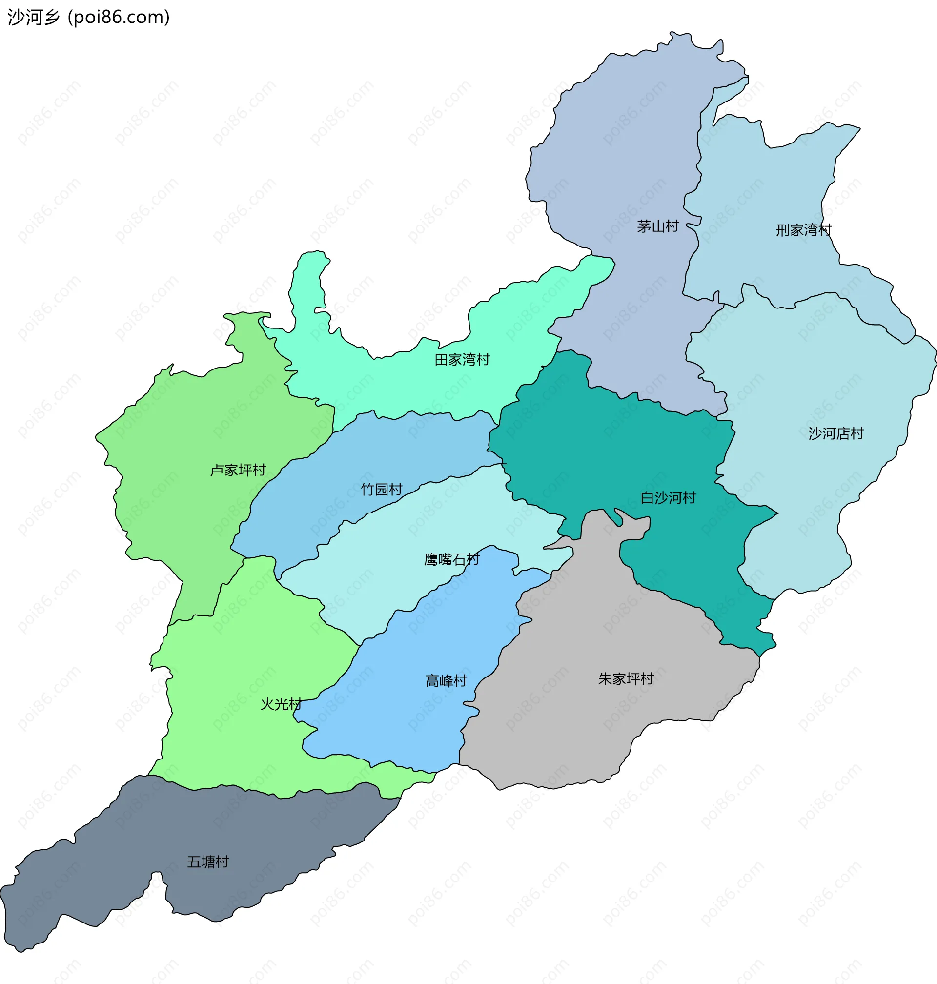 沙河乡边界地图(五级行政区划)