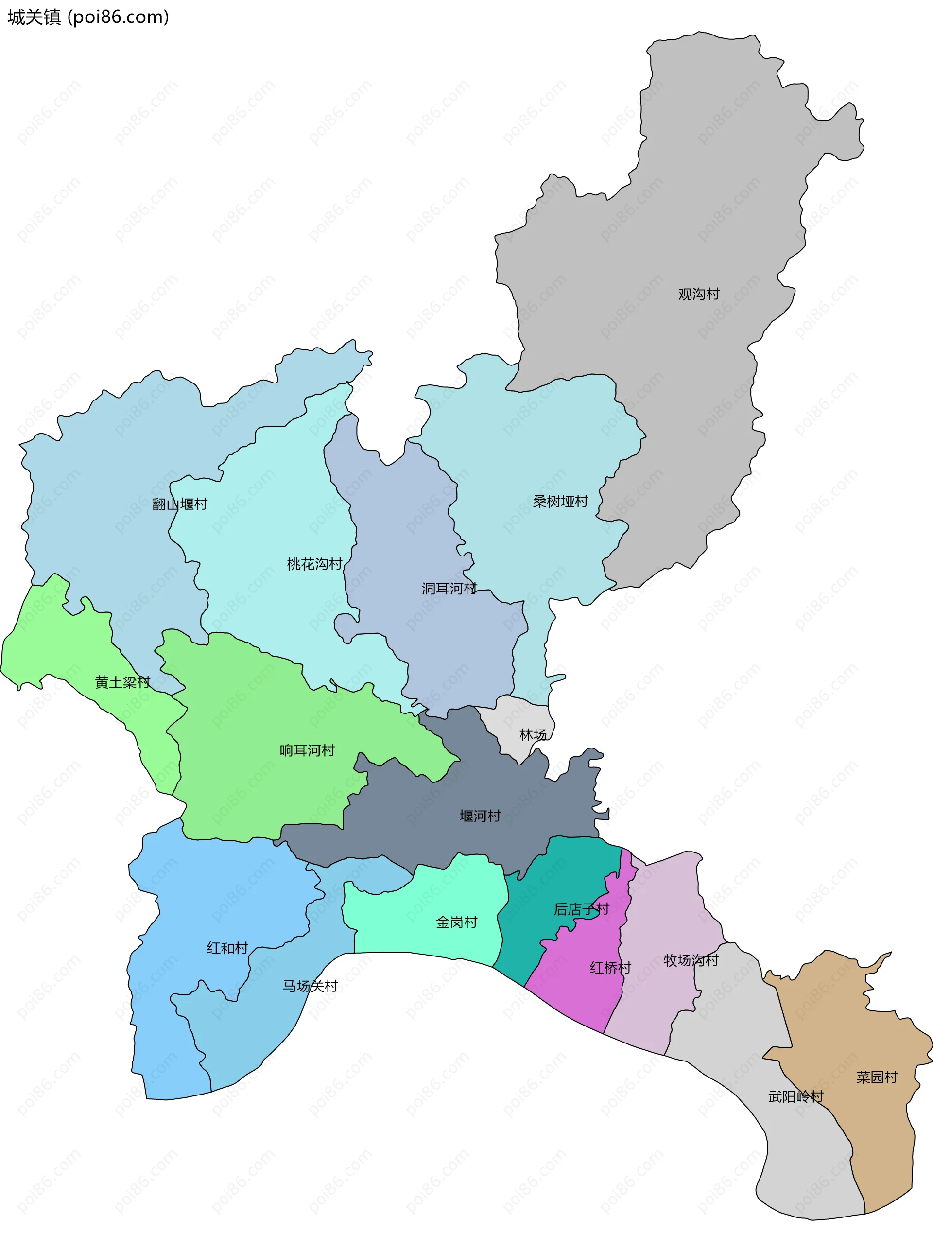 城关镇边界地图(五级行政区划)