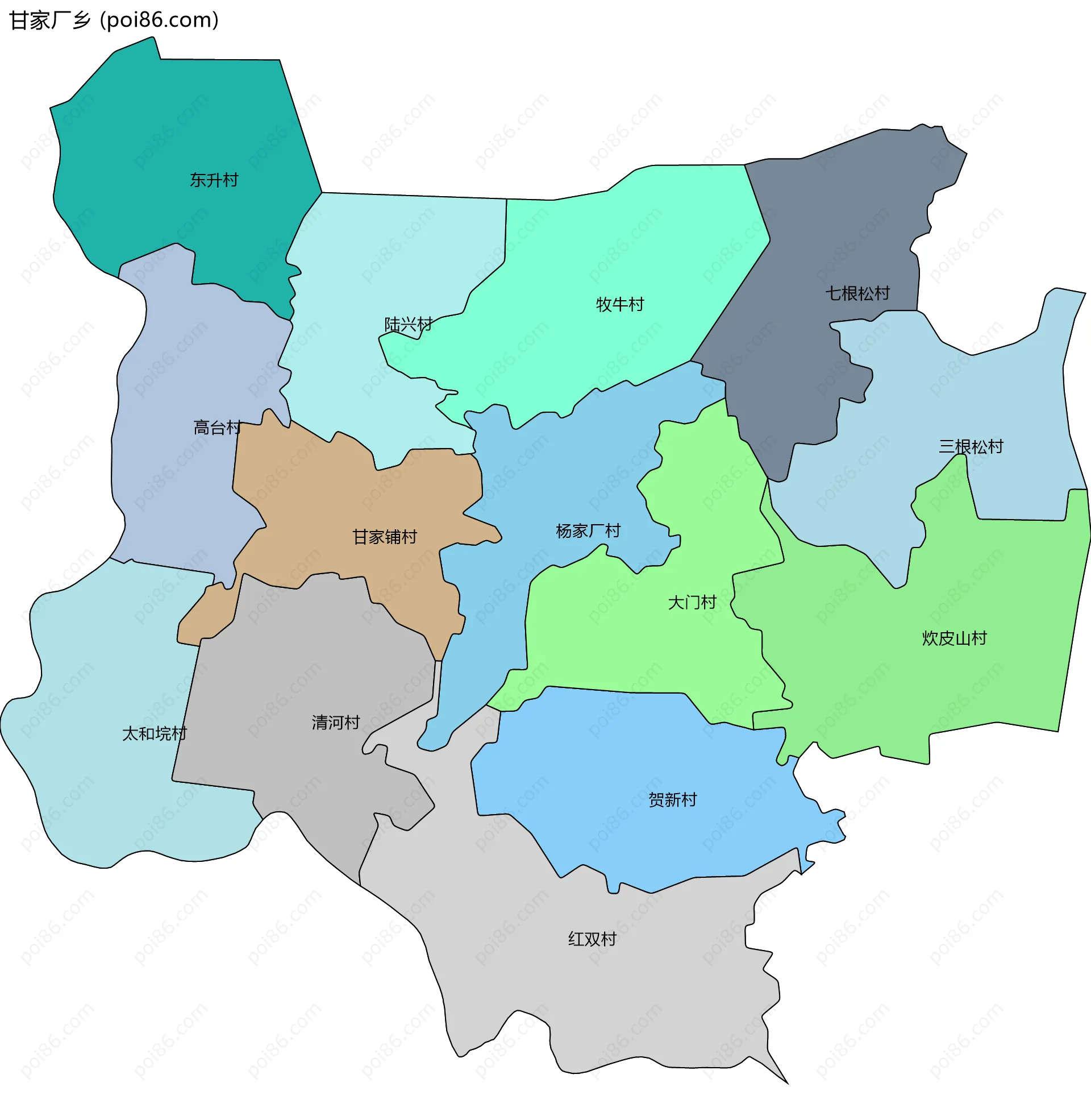 甘家厂乡边界地图(五级行政区划)