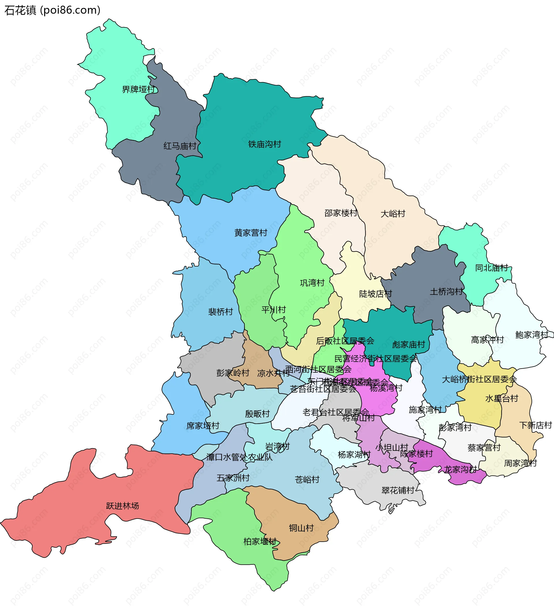 石花镇边界地图(五级行政区划)