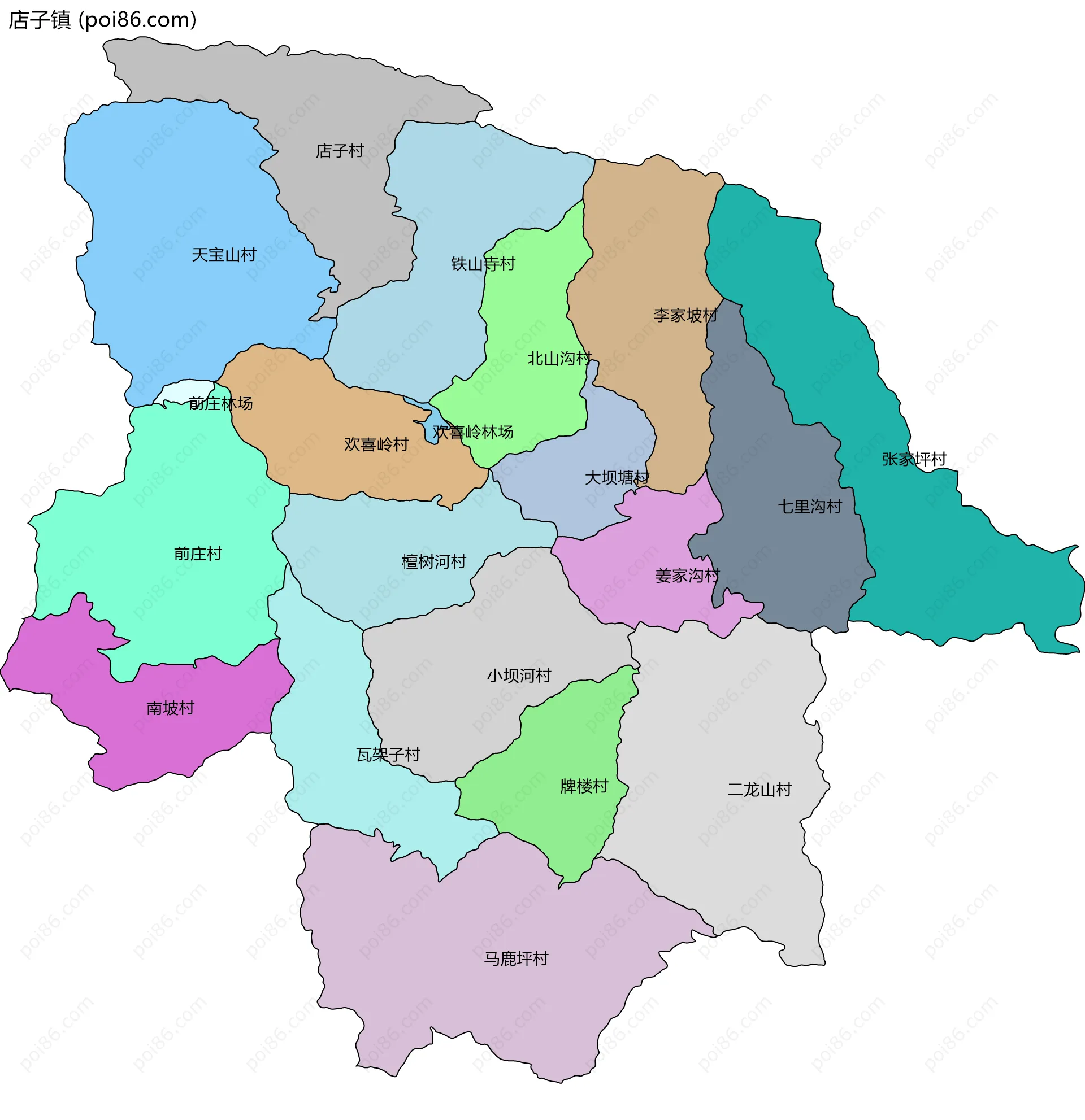 店子镇边界地图(五级行政区划)