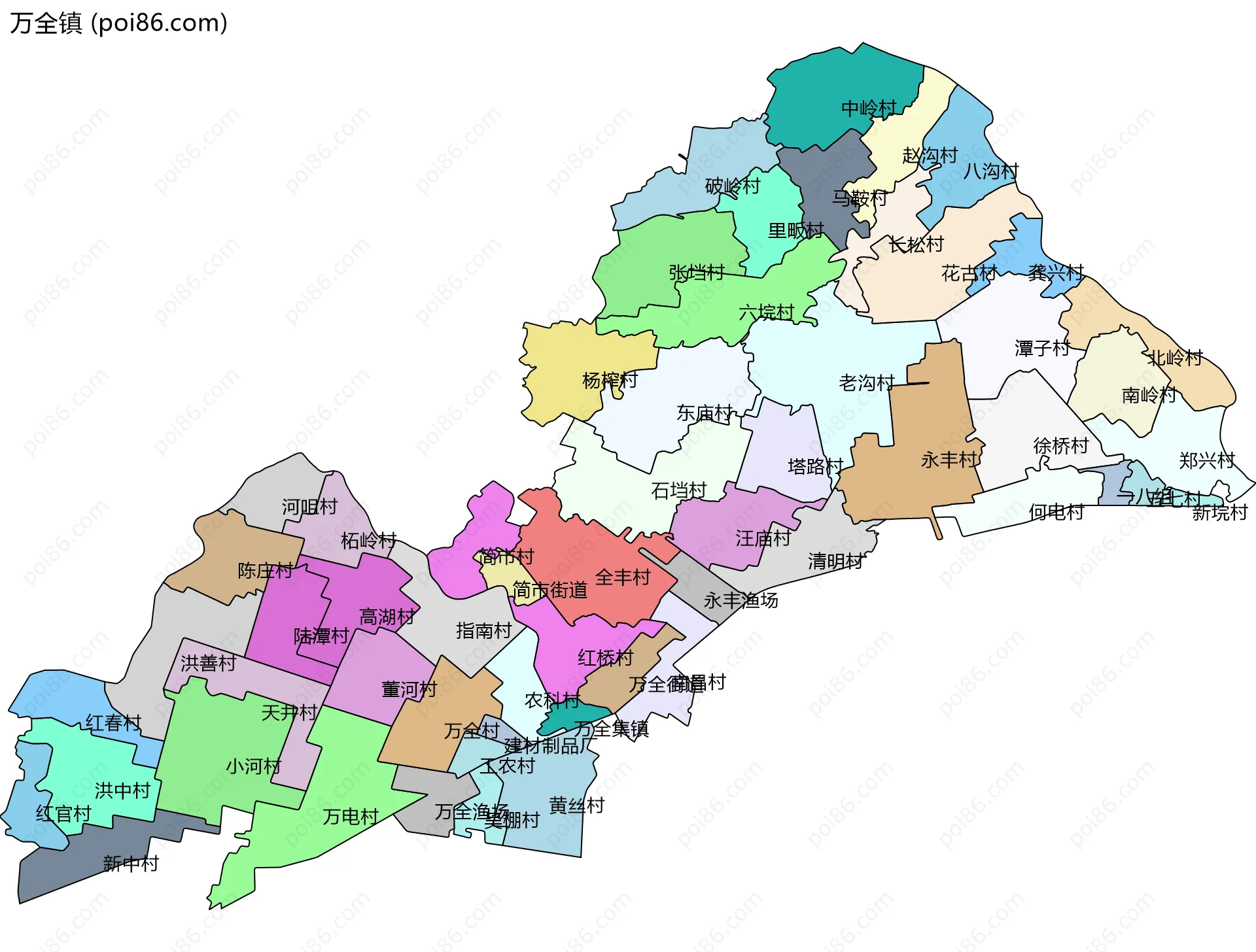万全镇边界地图(五级行政区划)