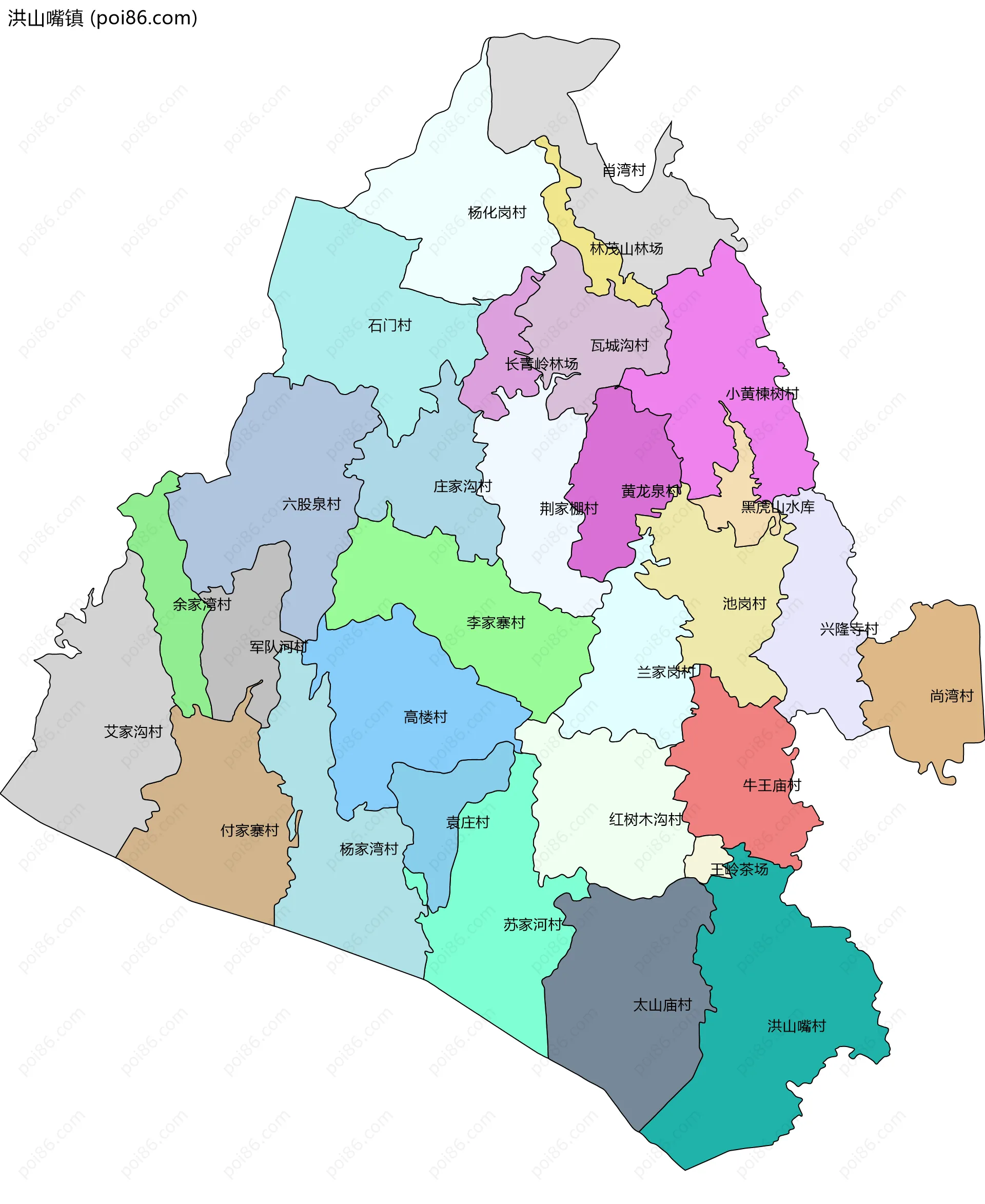 洪山嘴镇边界地图(五级行政区划)