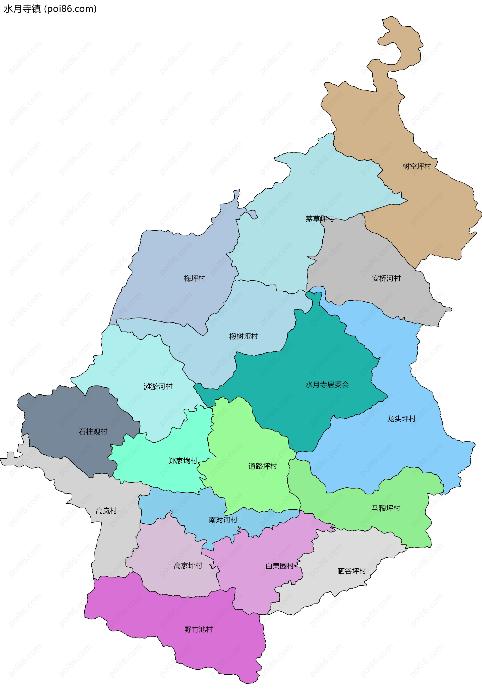 水月寺镇边界地图(五级行政区划)