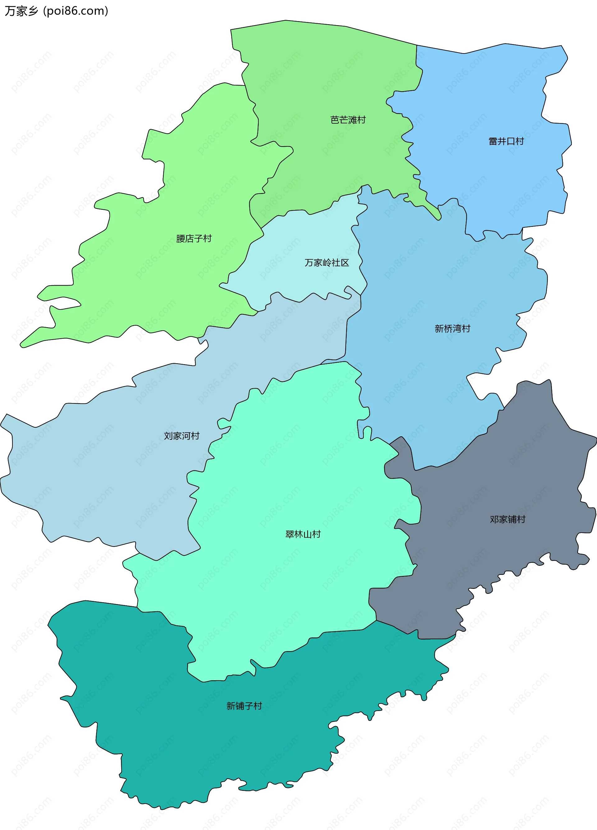 万家乡边界地图(五级行政区划)