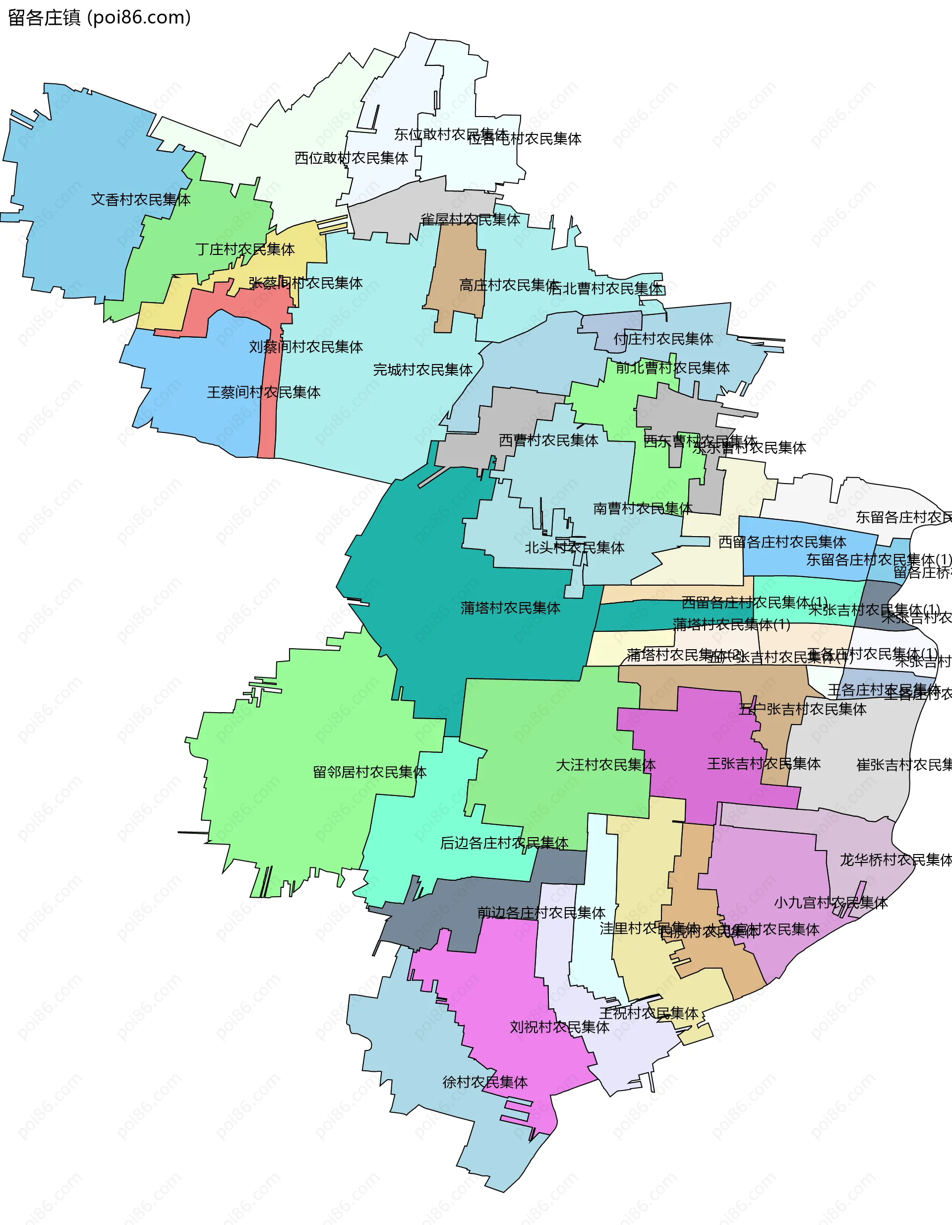 留各庄镇边界地图(五级行政区划)
