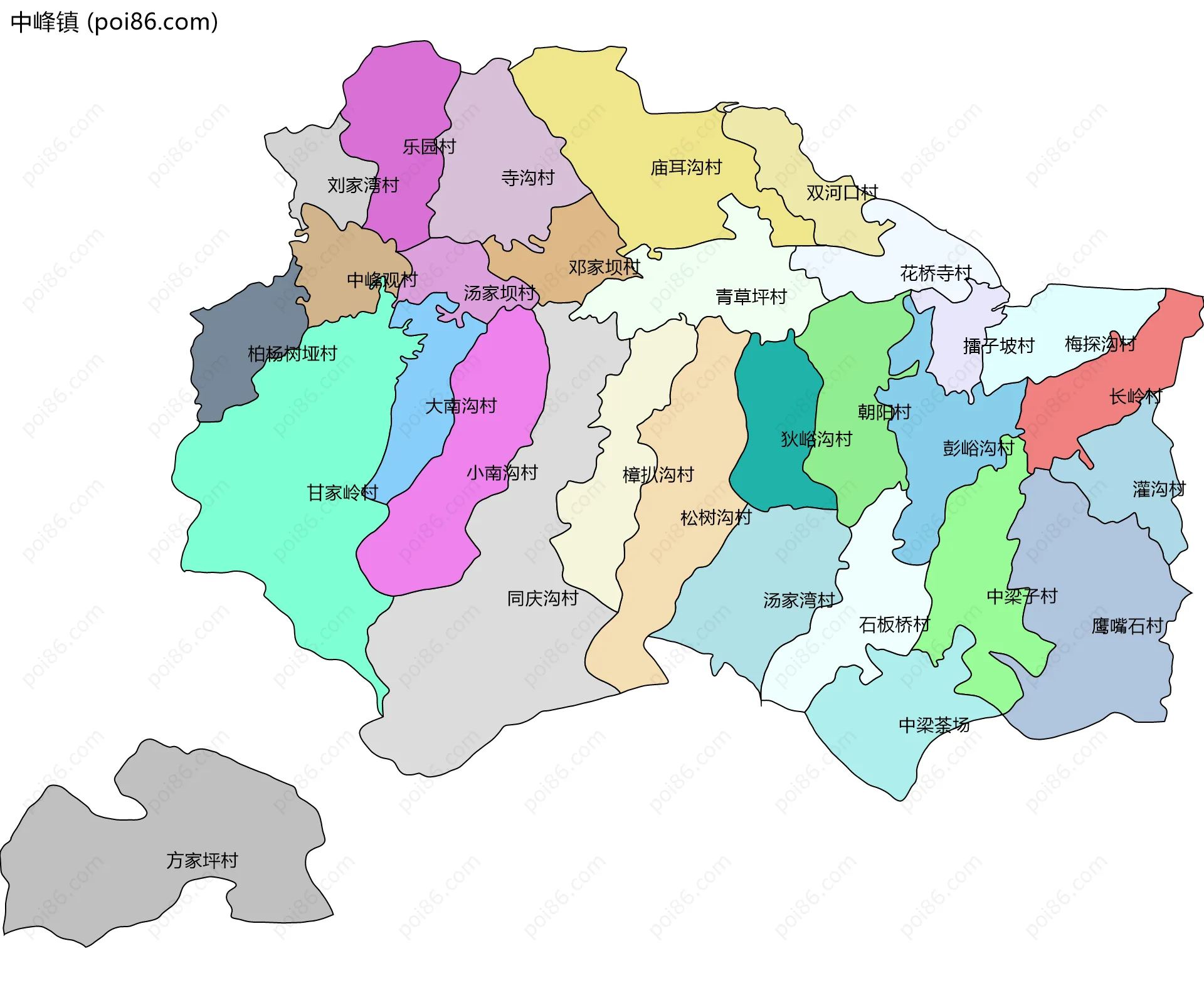 中峰镇边界地图(五级行政区划)