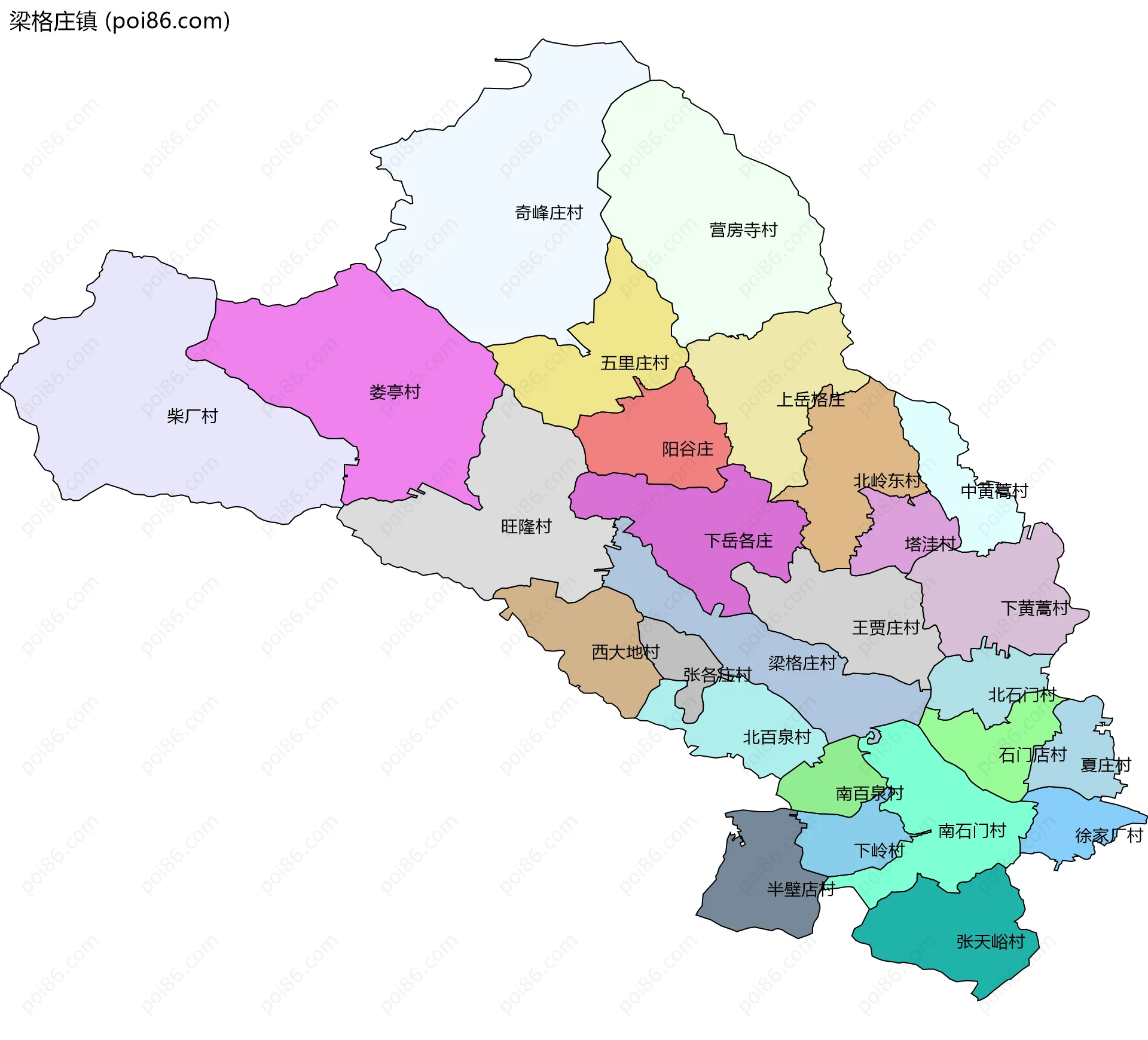 梁格庄镇边界地图(五级行政区划)