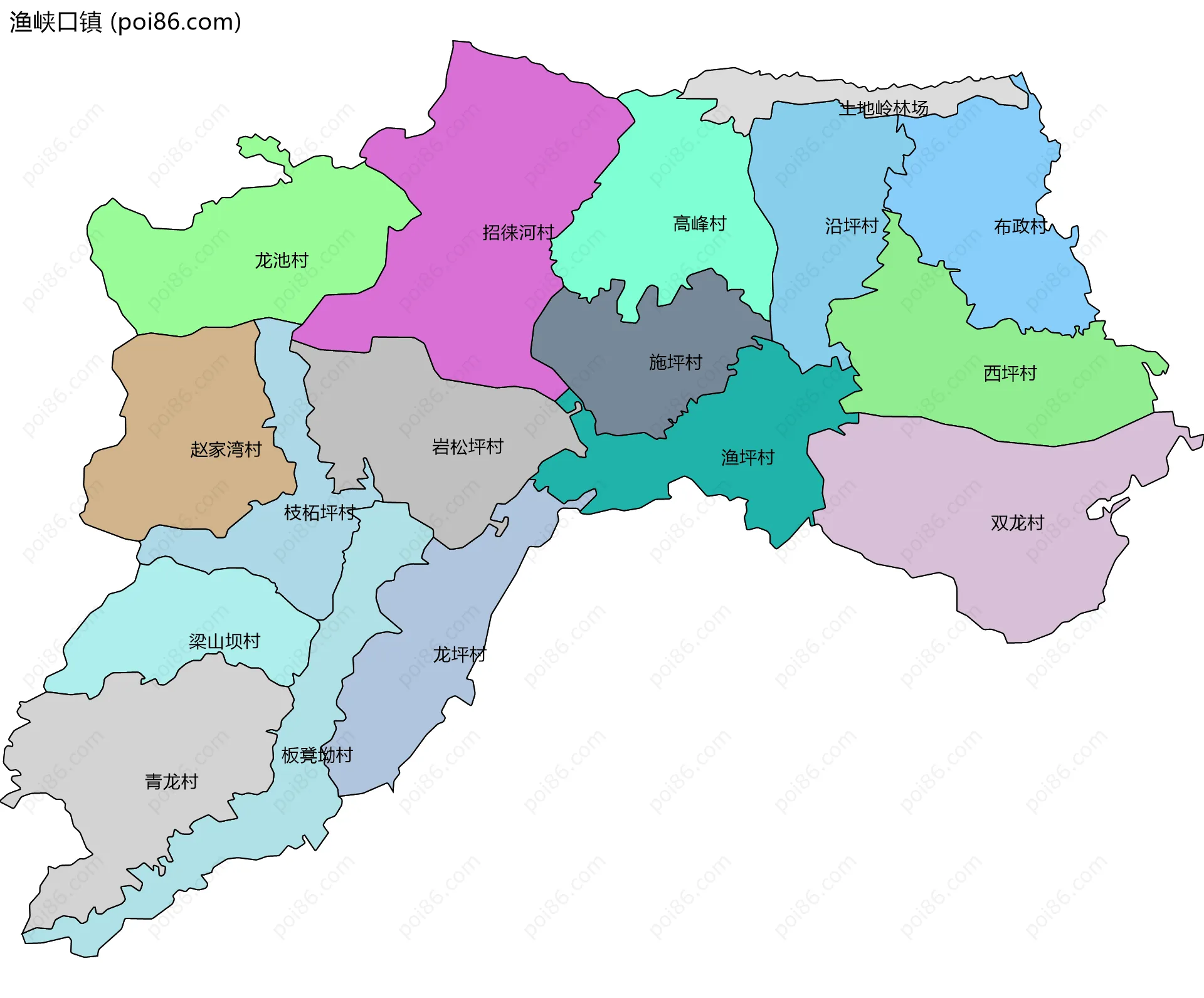 渔峡口镇边界地图(五级行政区划)