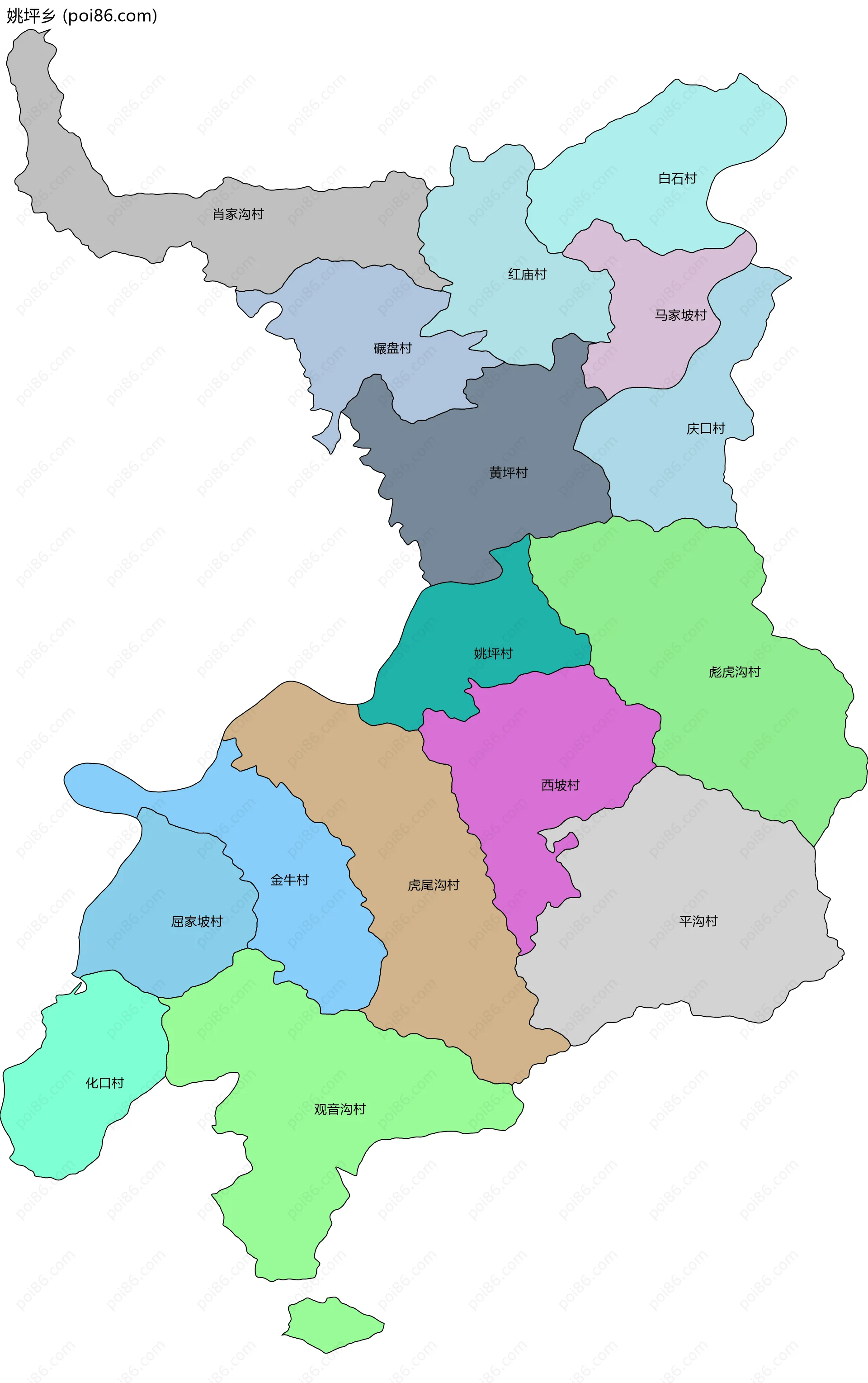 姚坪乡边界地图(五级行政区划)