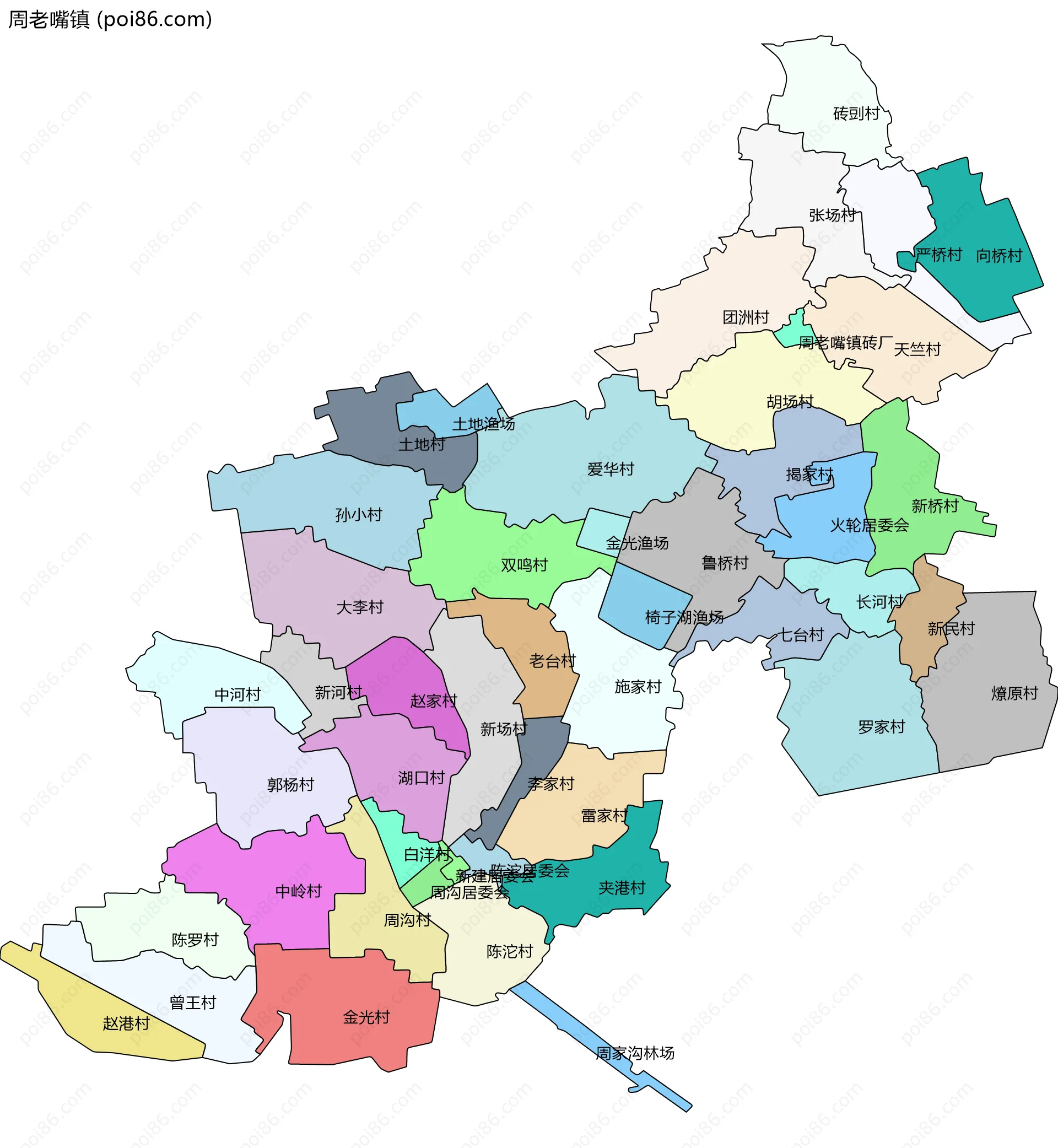 周老嘴镇边界地图(五级行政区划)