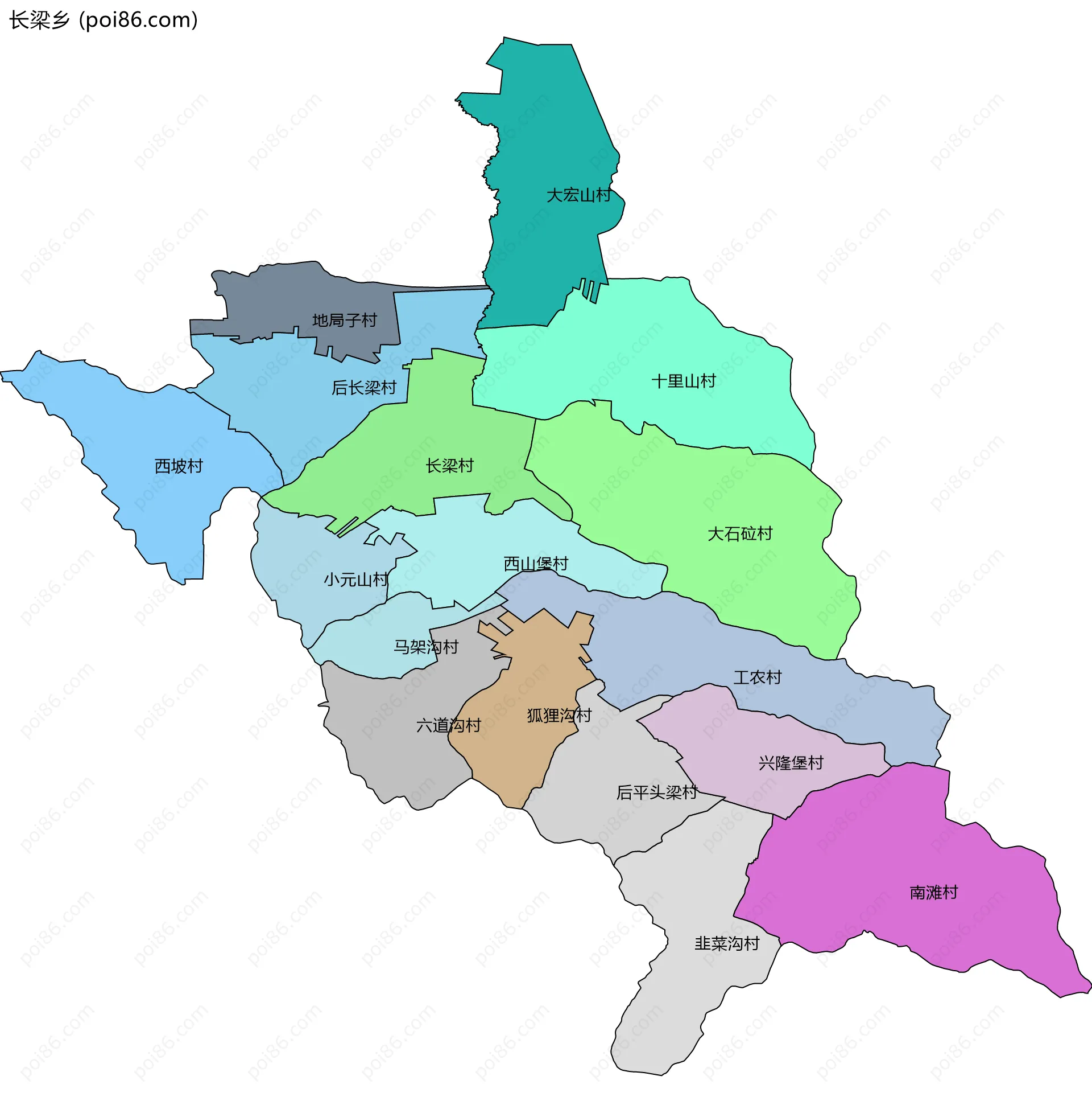 长梁乡边界地图(五级行政区划)