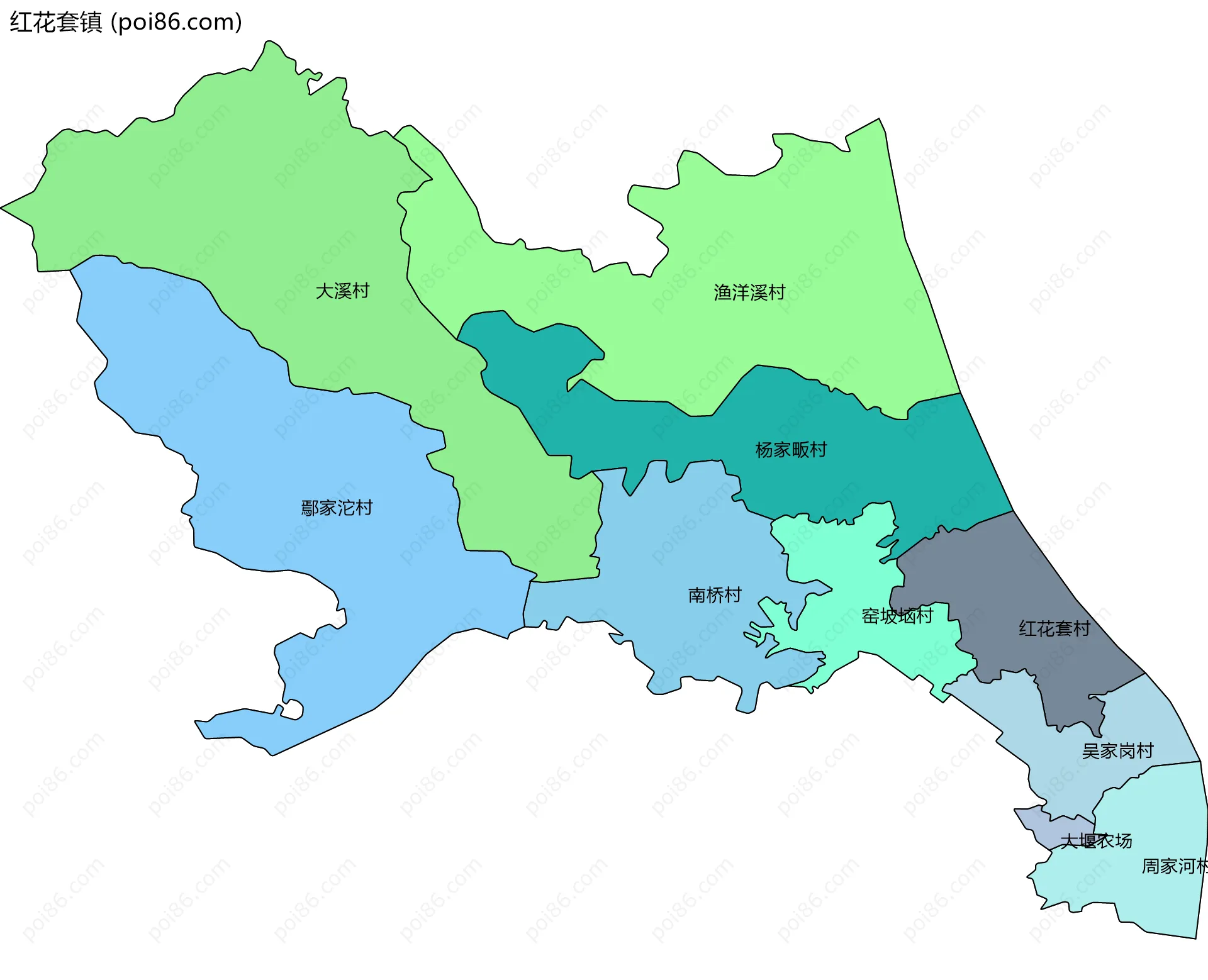 红花套镇边界地图(五级行政区划)