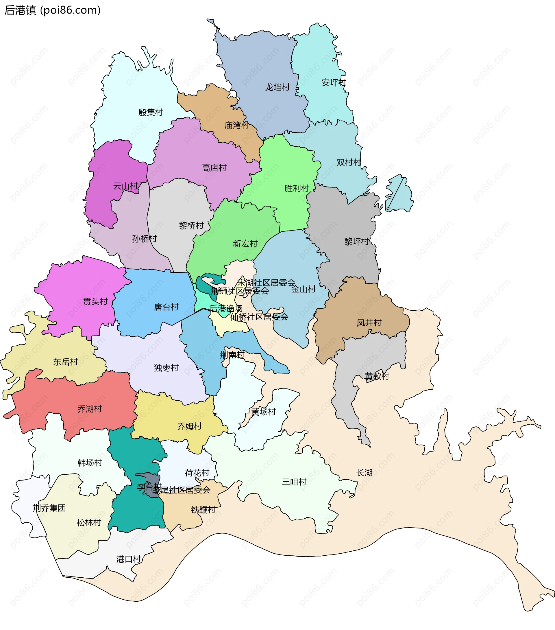 后港镇边界地图(五级行政区划)