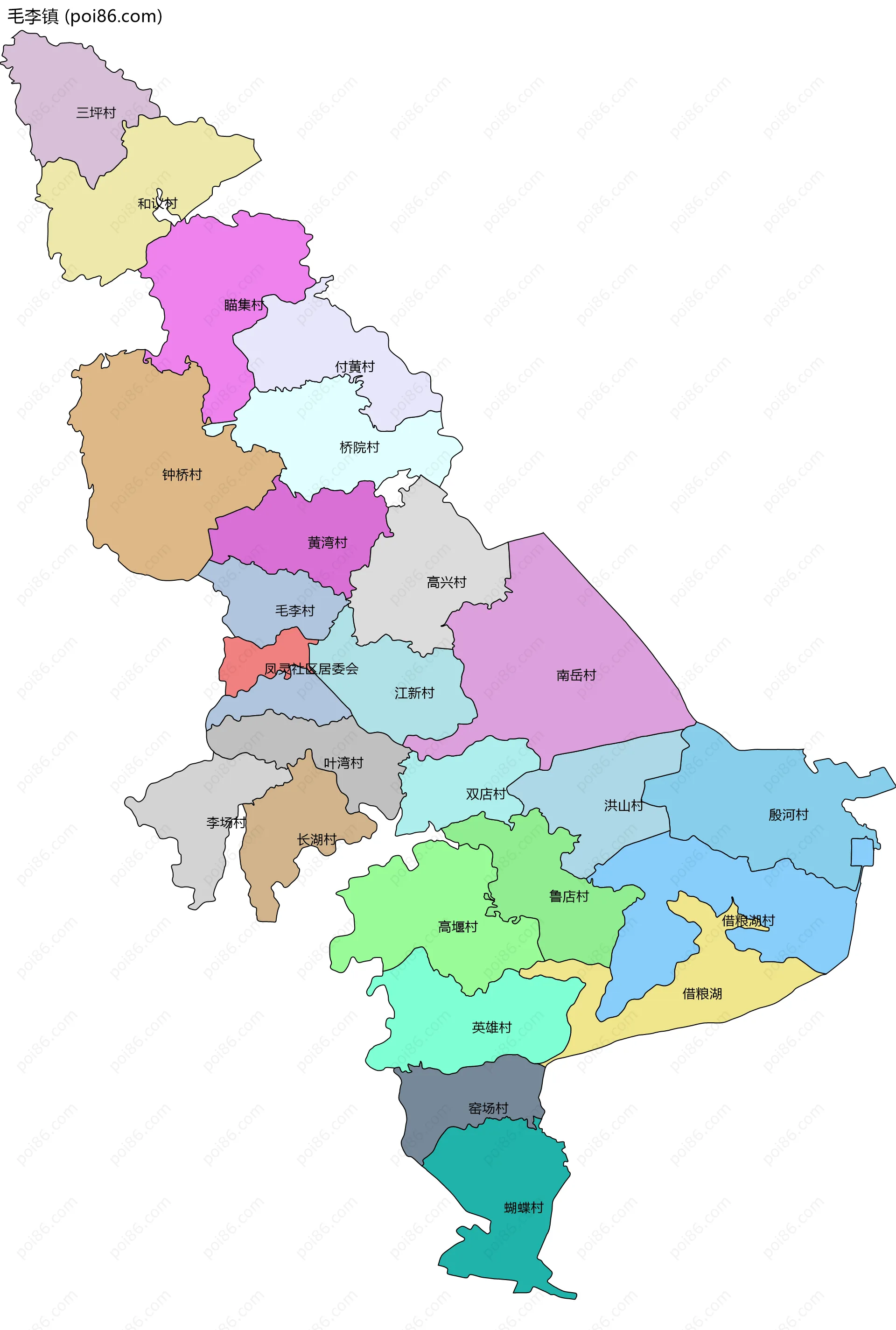 毛李镇边界地图(五级行政区划)