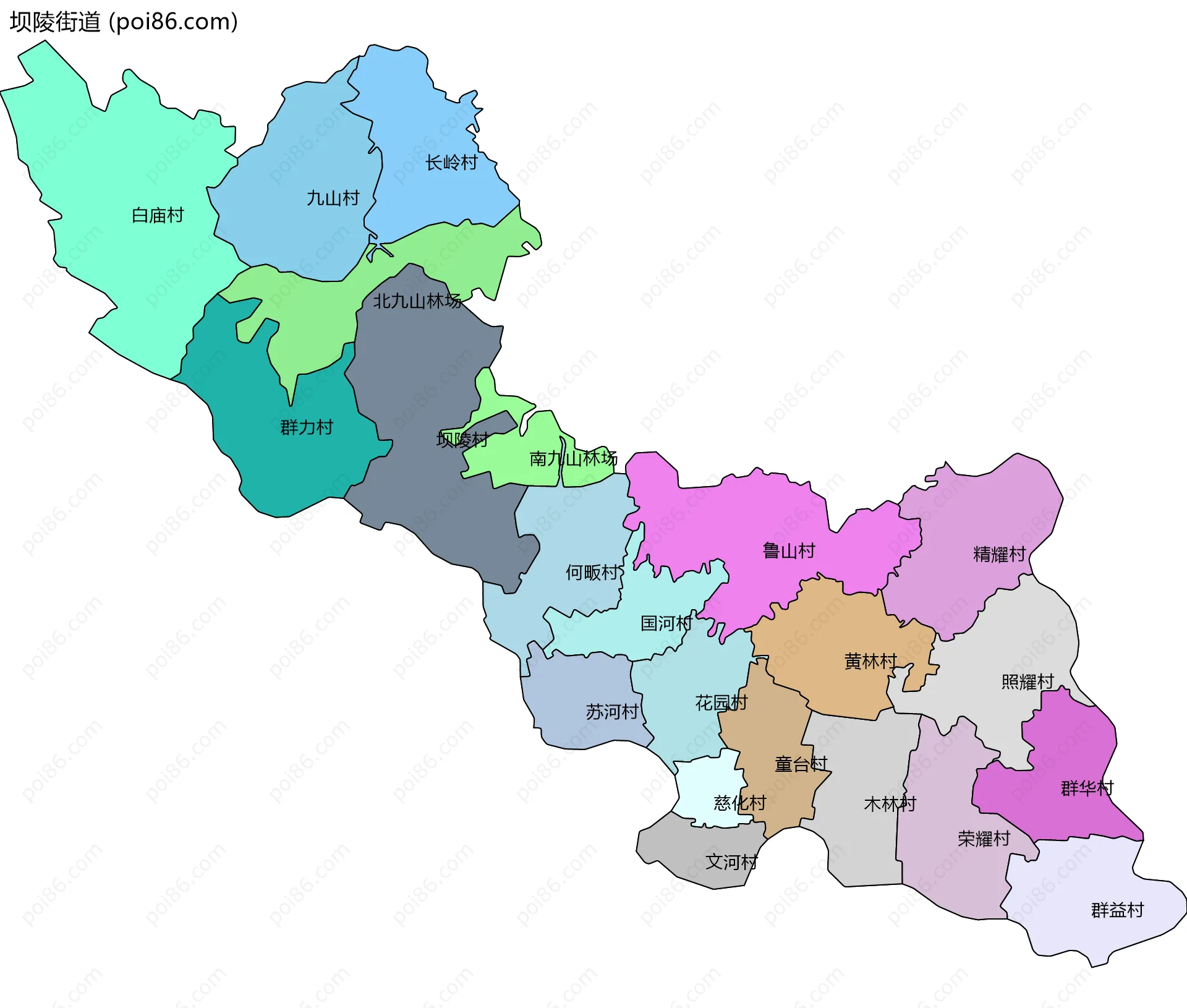 坝陵街道边界地图(五级行政区划)