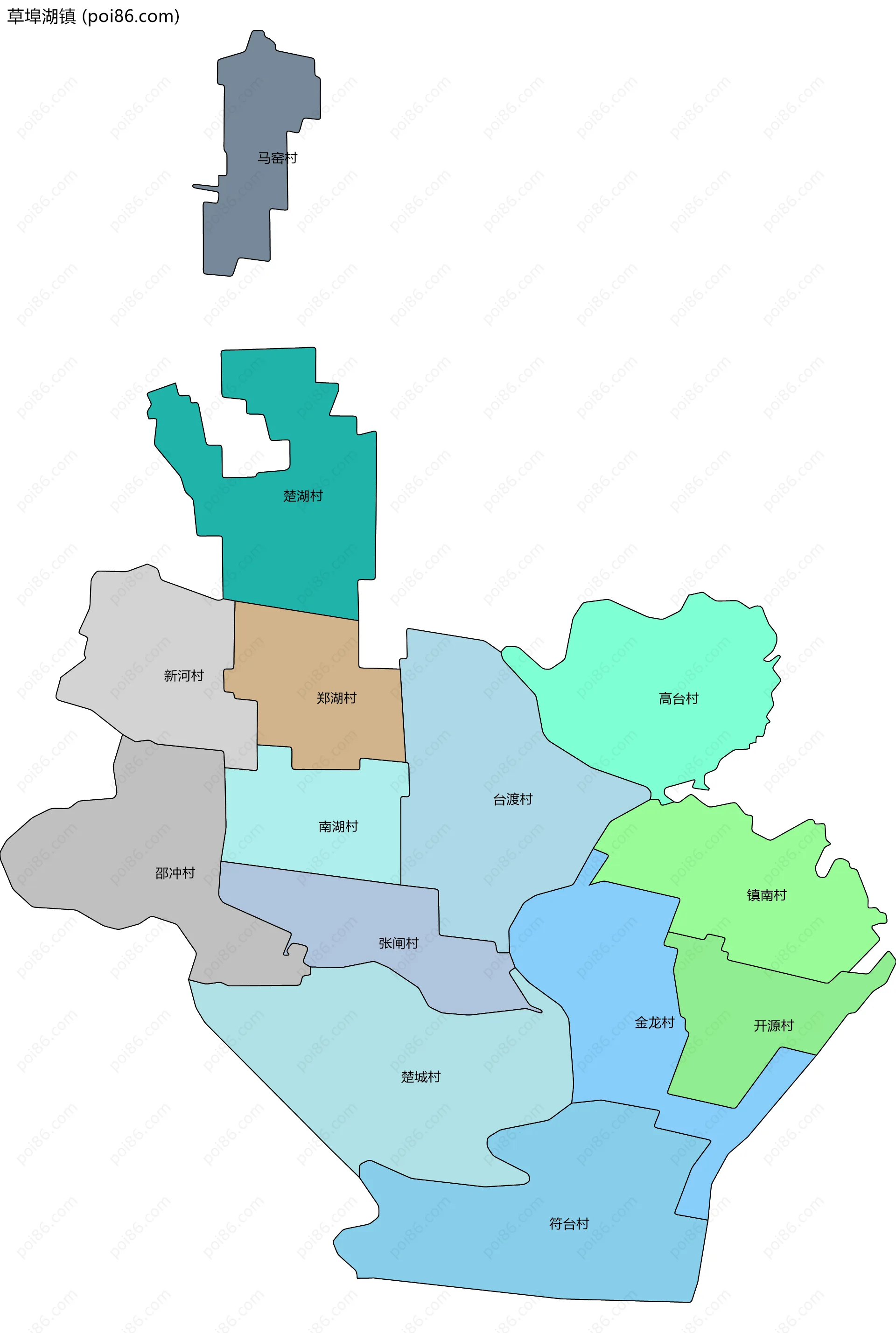 草埠湖镇边界地图(五级行政区划)