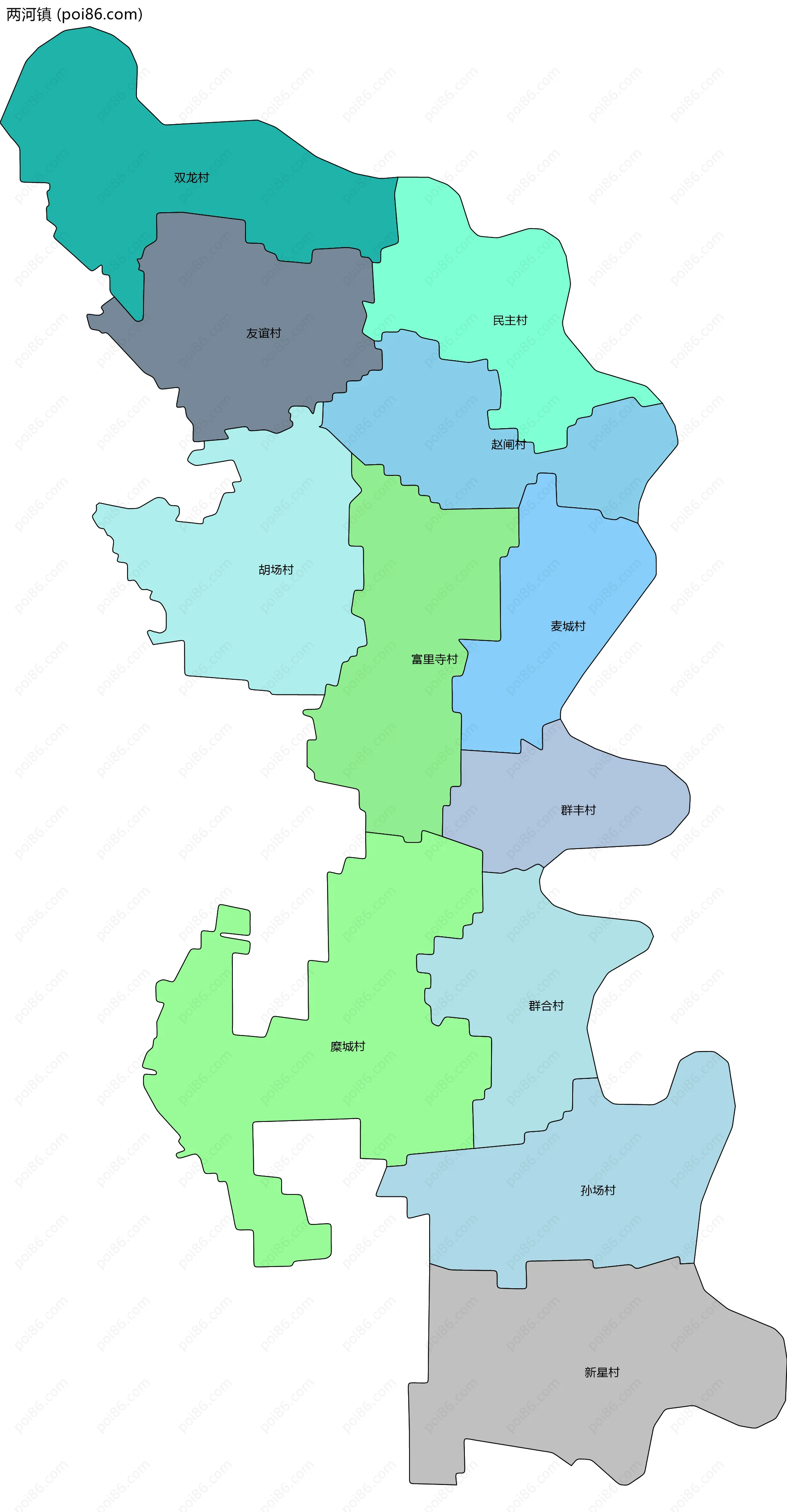 两河镇边界地图(五级行政区划)