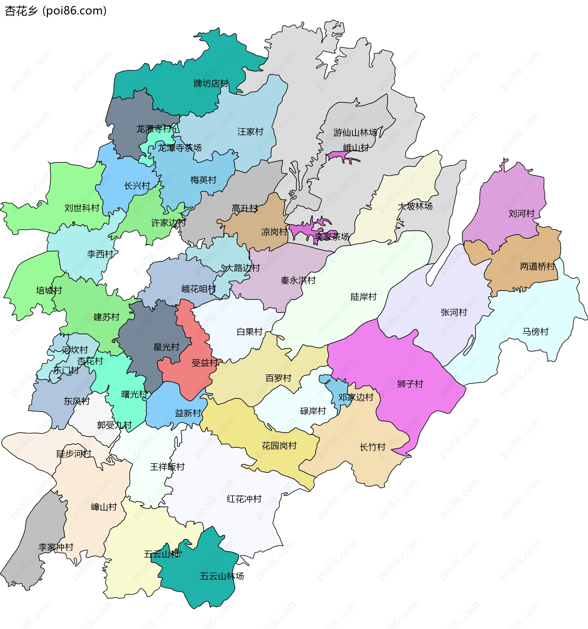 杏花乡边界地图(五级行政区划)