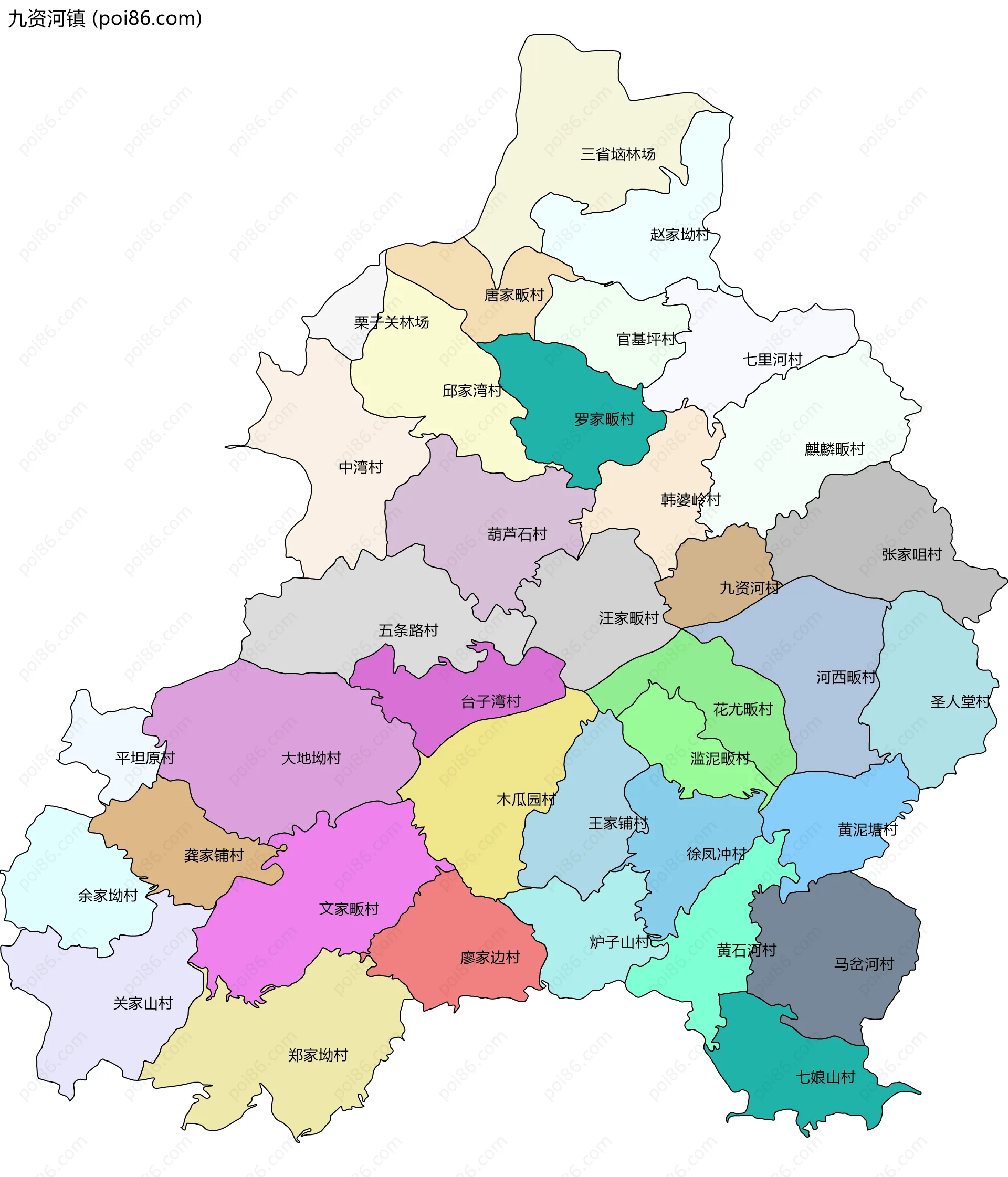 九资河镇边界地图(五级行政区划)