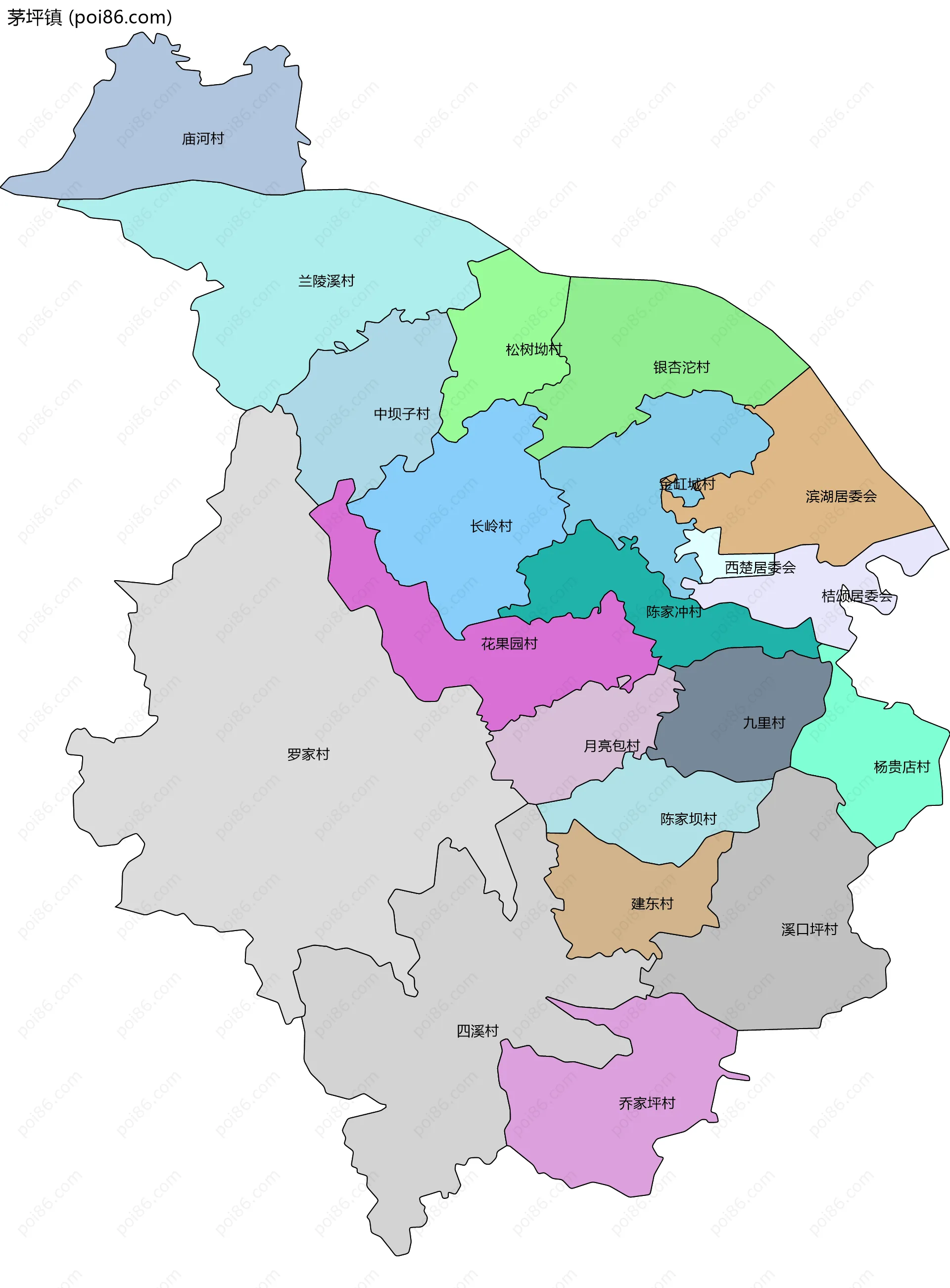 茅坪镇边界地图(五级行政区划)