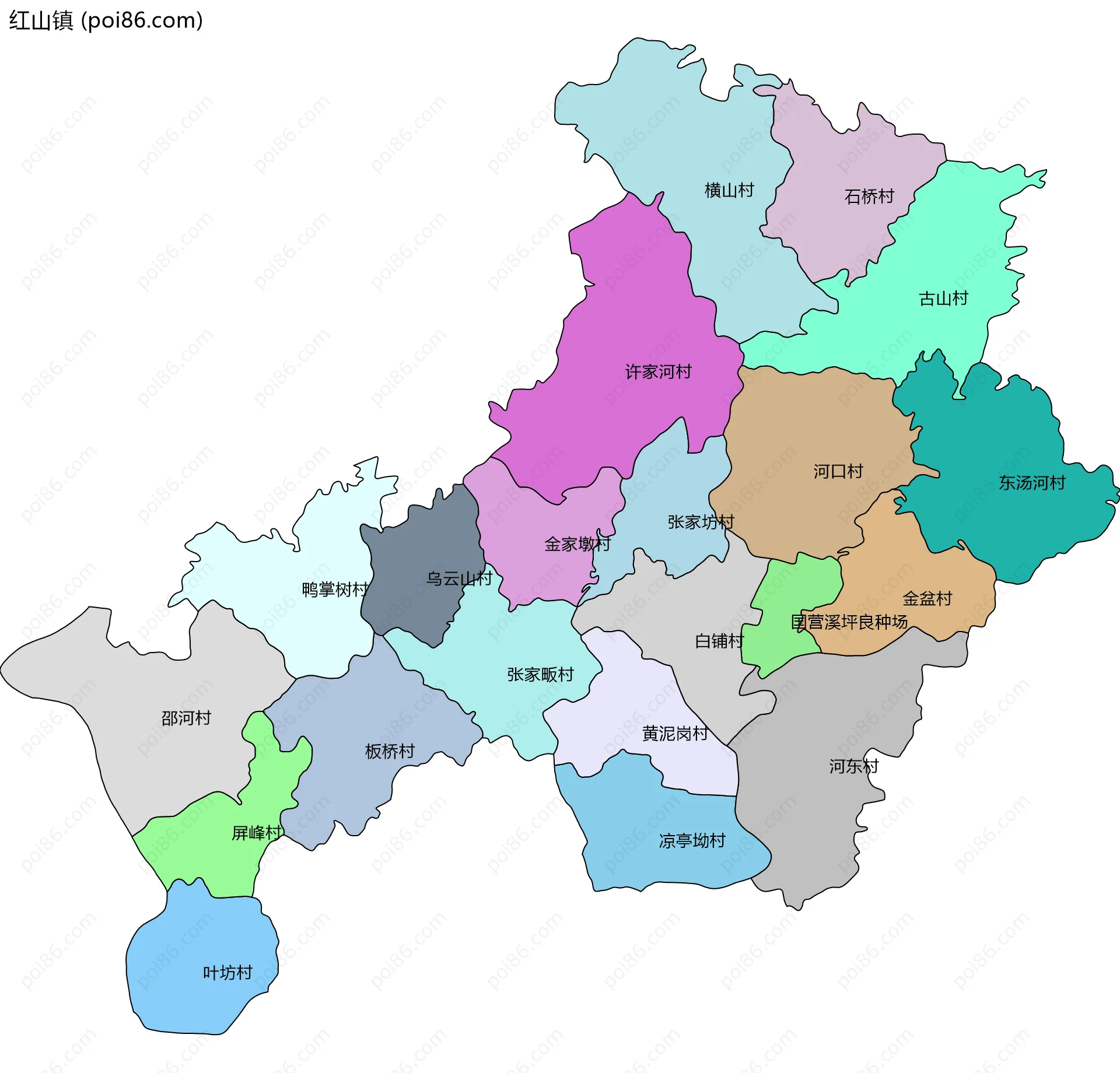 红山镇边界地图(五级行政区划)