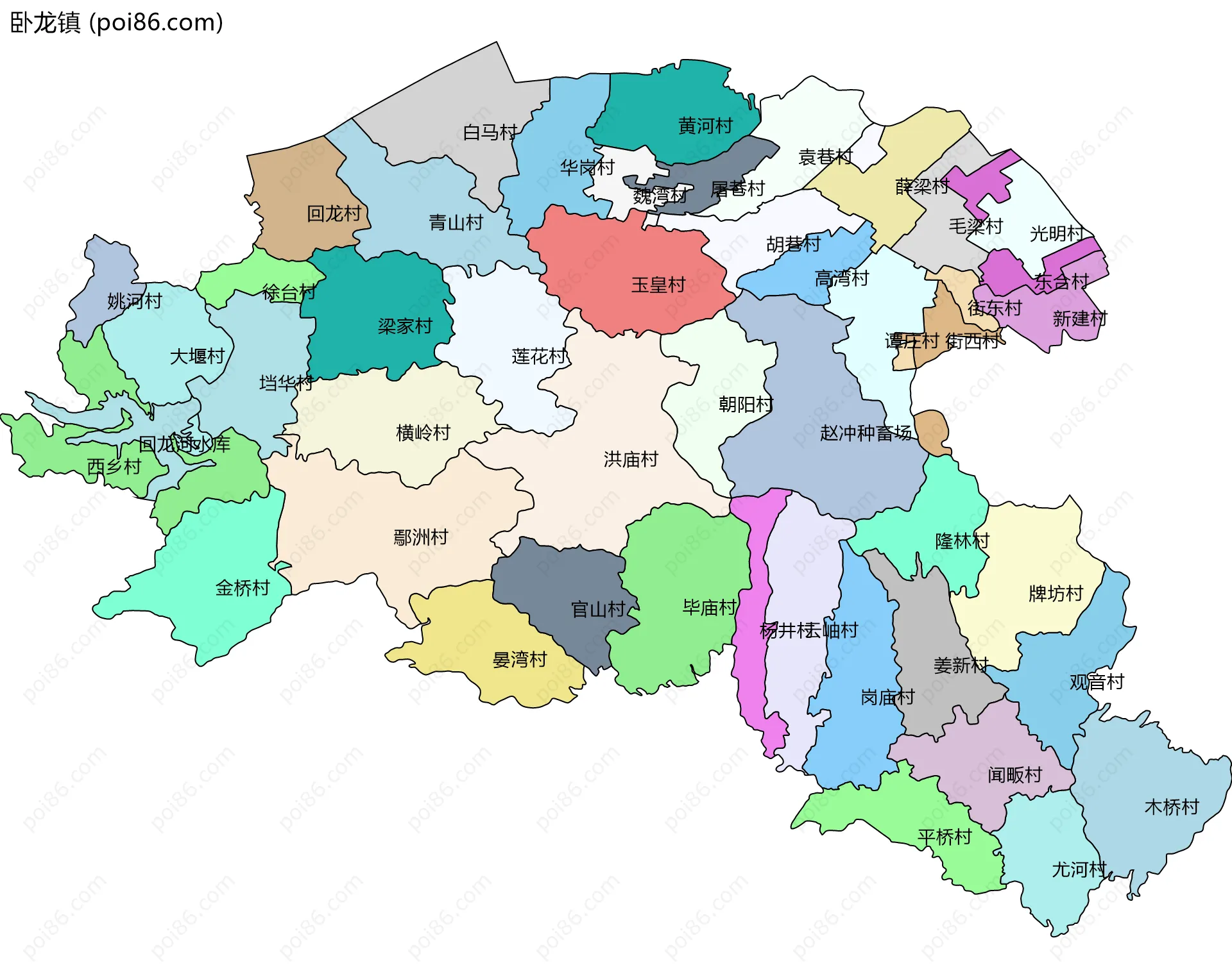 卧龙镇边界地图(五级行政区划)