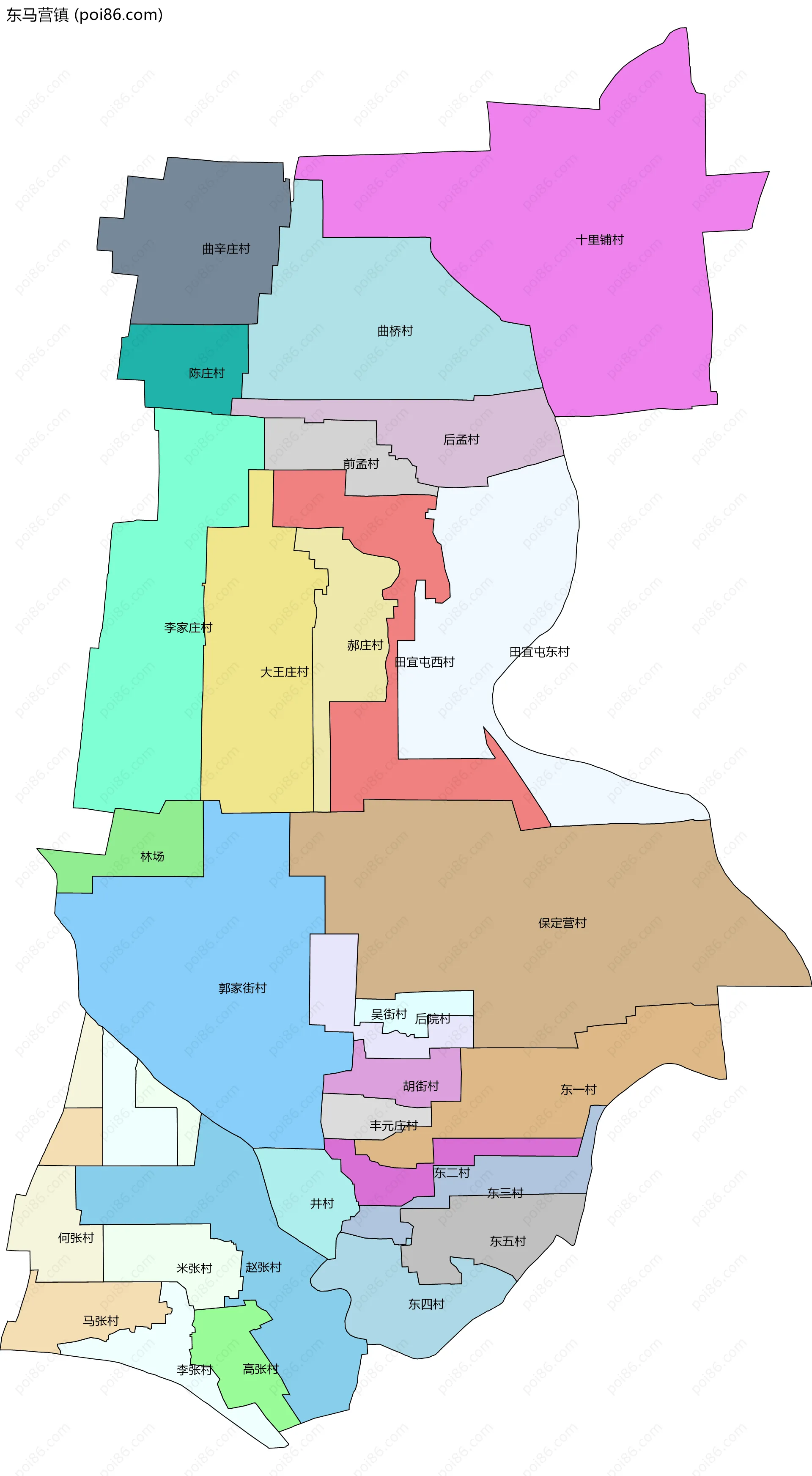 东马营镇边界地图(五级行政区划)