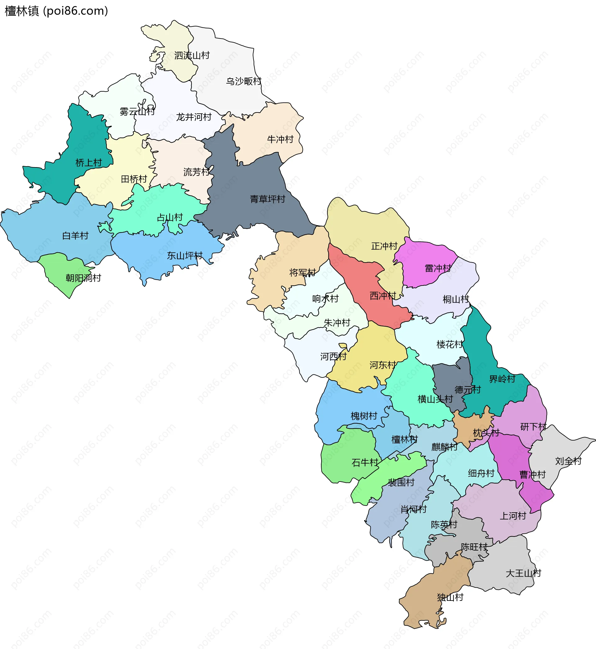 檀林镇边界地图(五级行政区划)