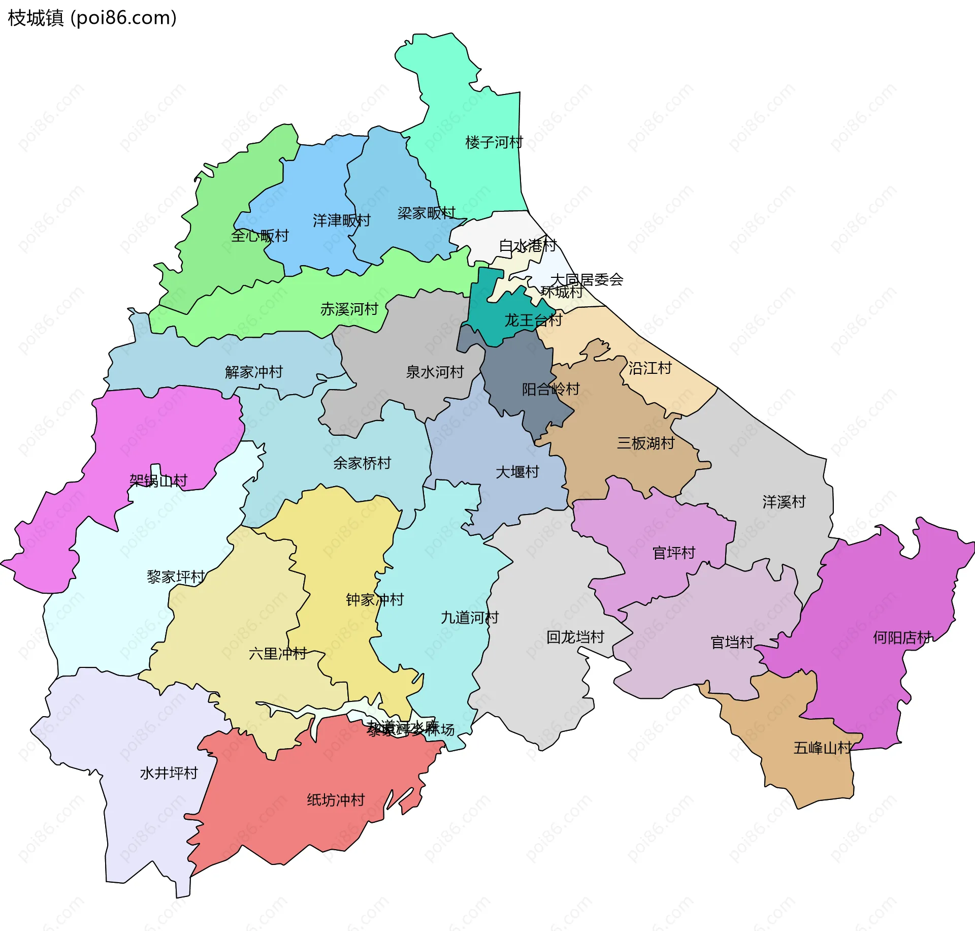 枝城镇边界地图(五级行政区划)