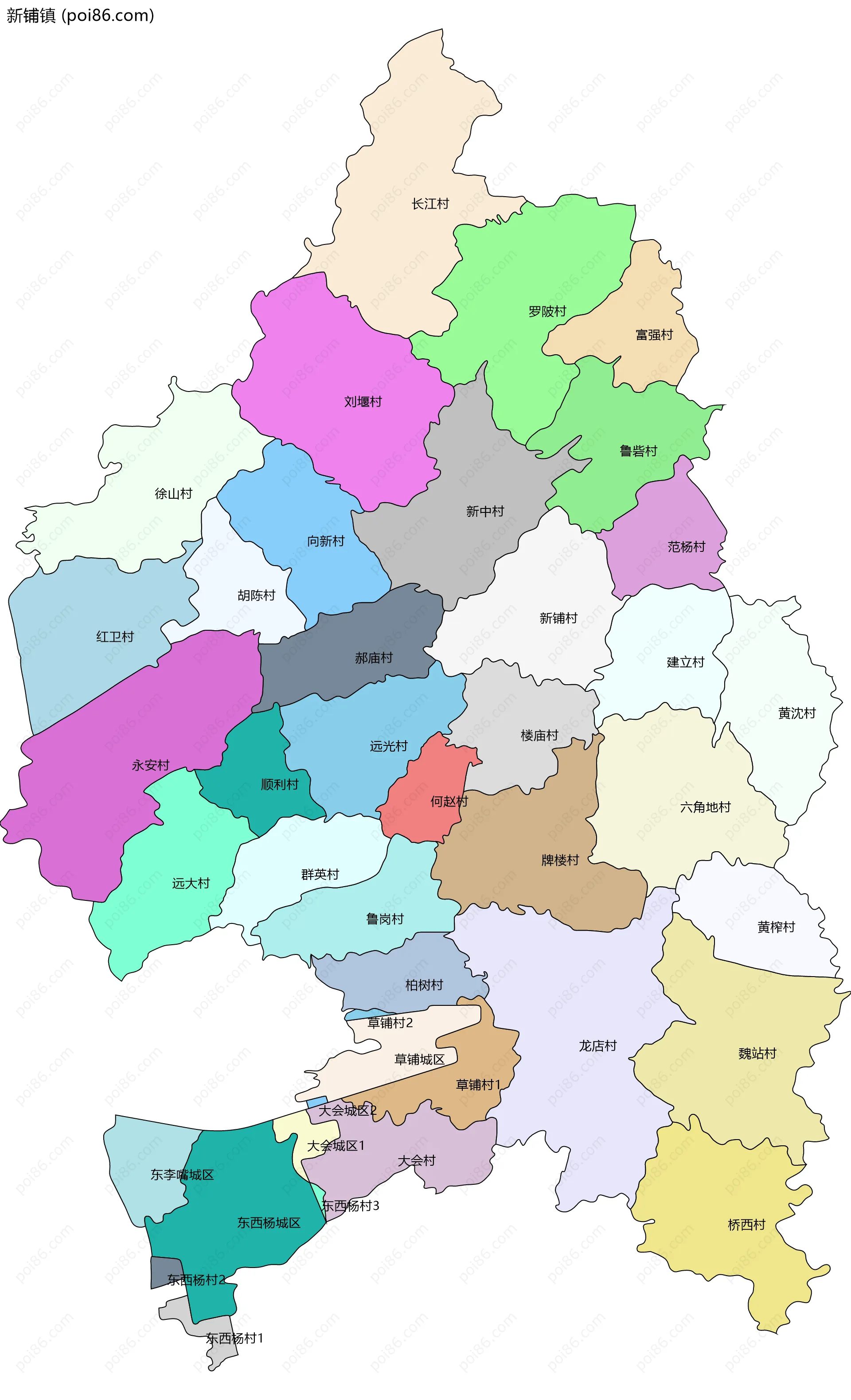 新铺镇边界地图(五级行政区划)