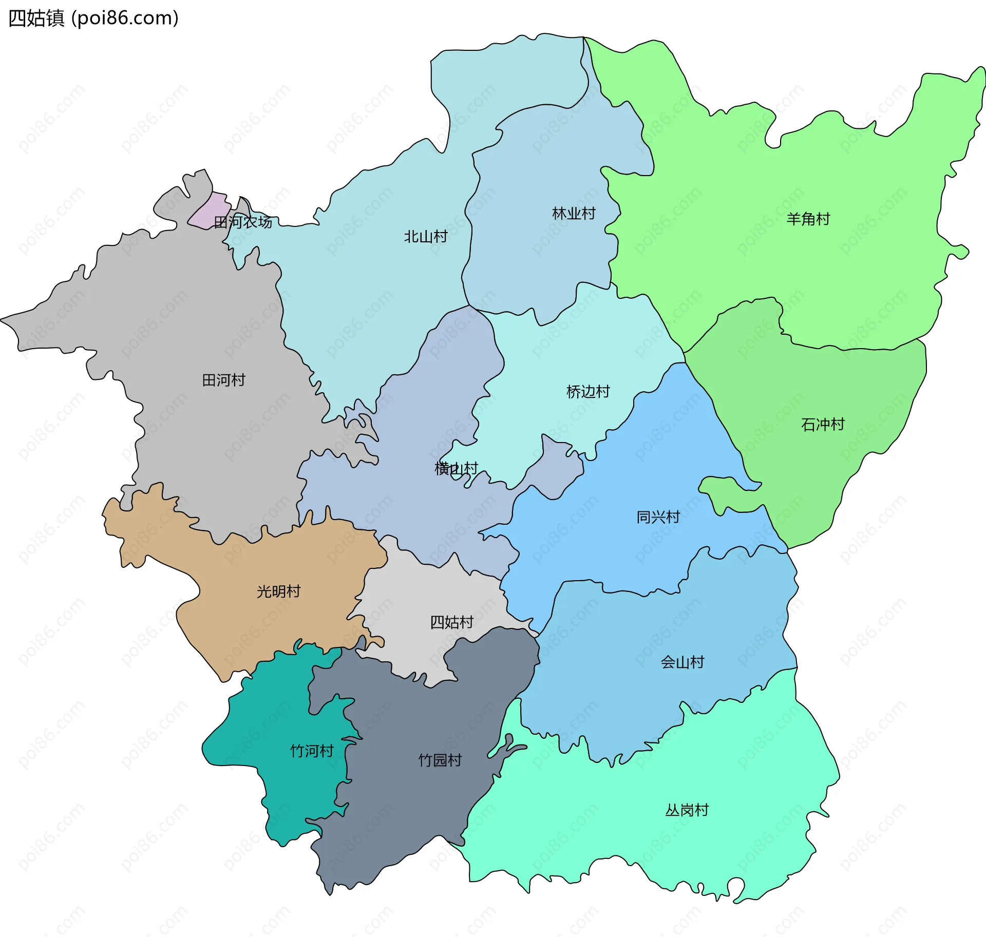 四姑镇边界地图(五级行政区划)