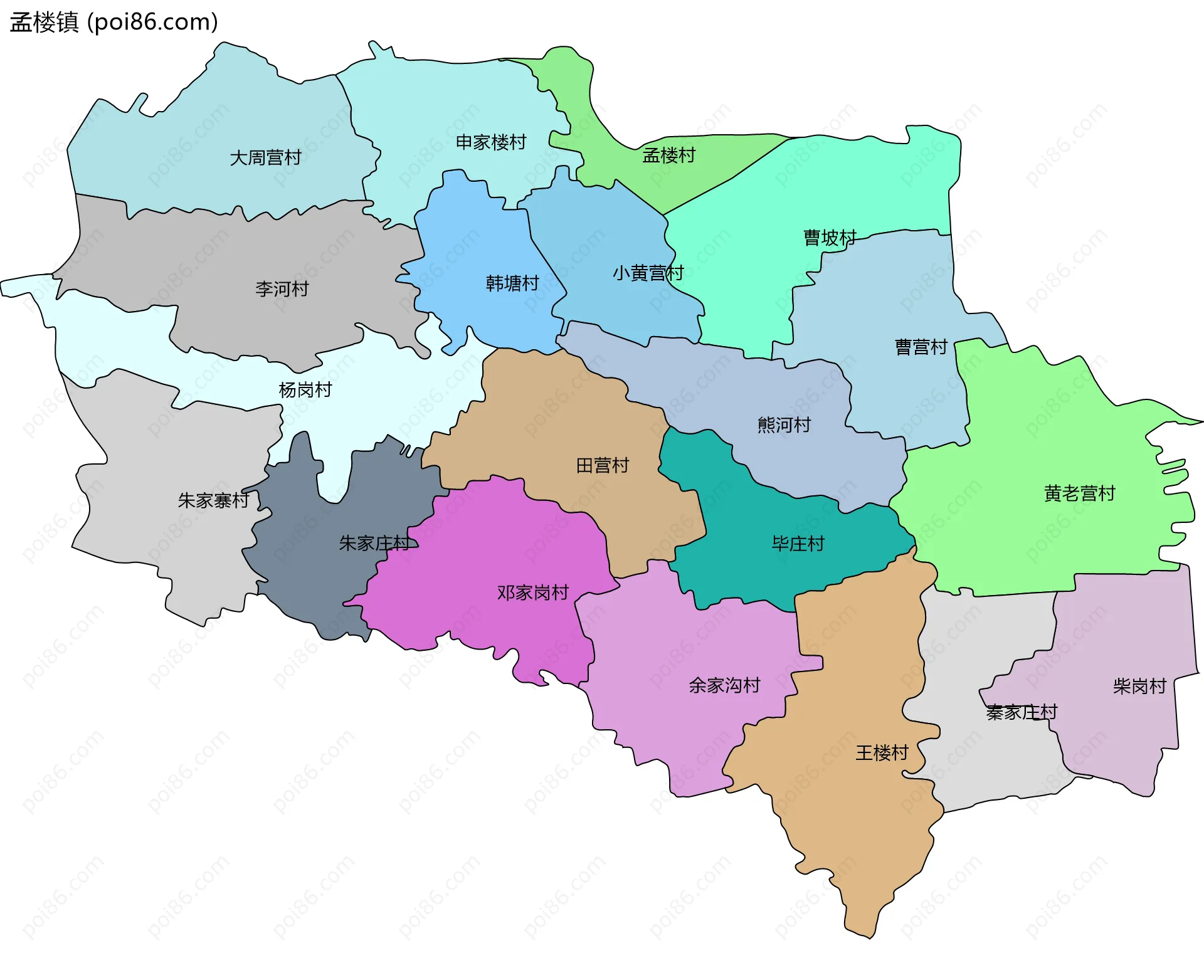 孟楼镇边界地图(五级行政区划)