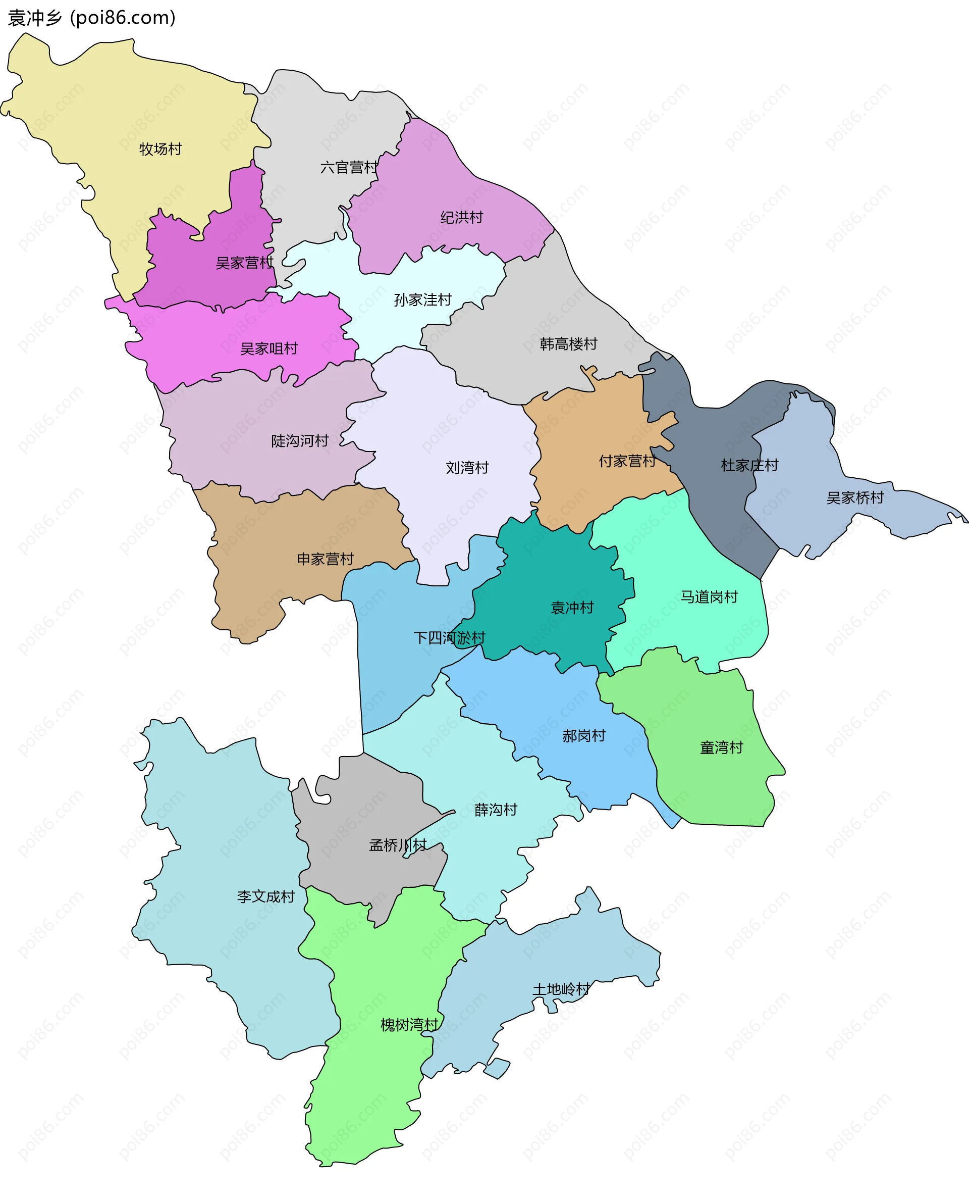 袁冲乡边界地图(五级行政区划)