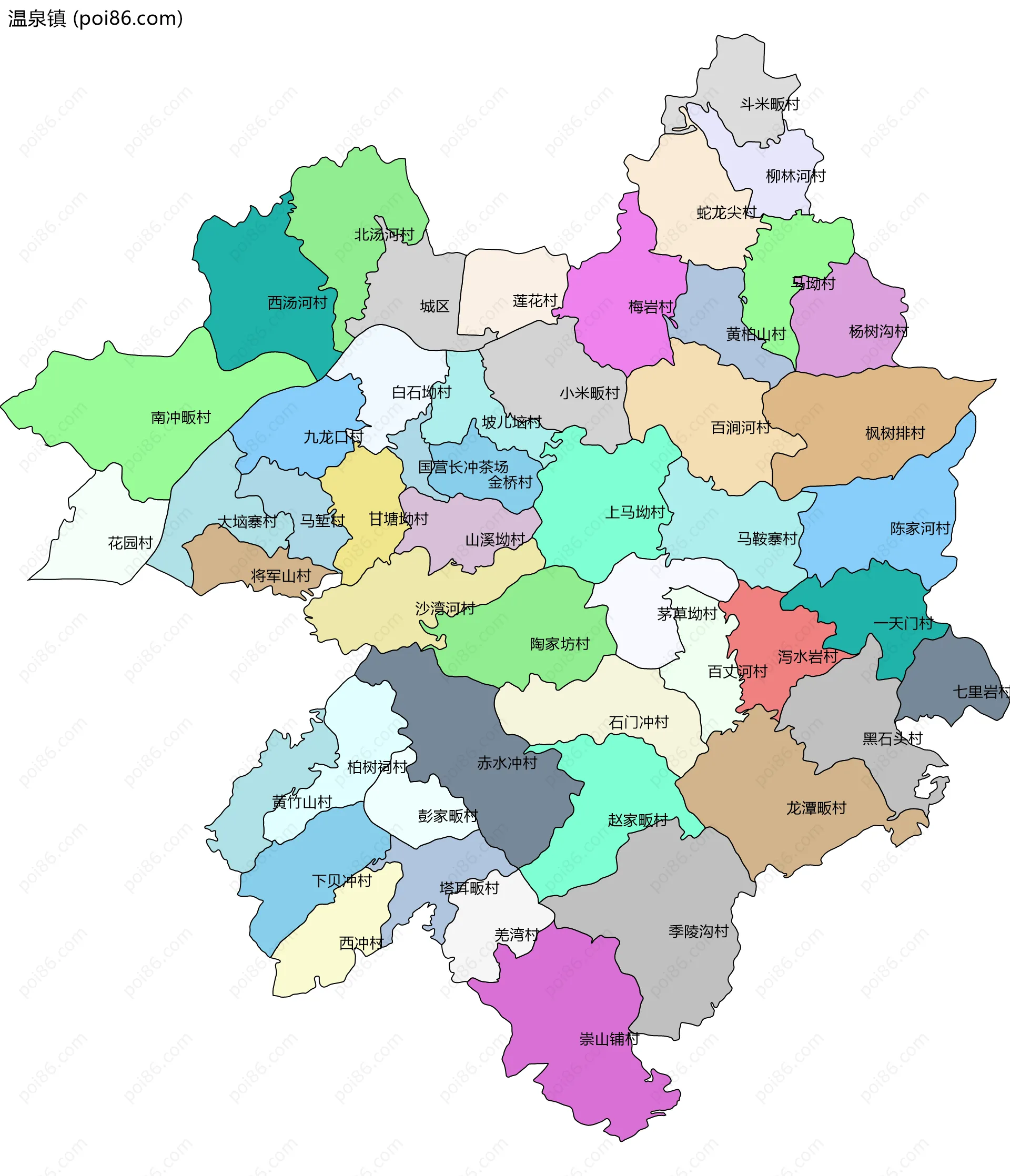 温泉镇边界地图(五级行政区划)