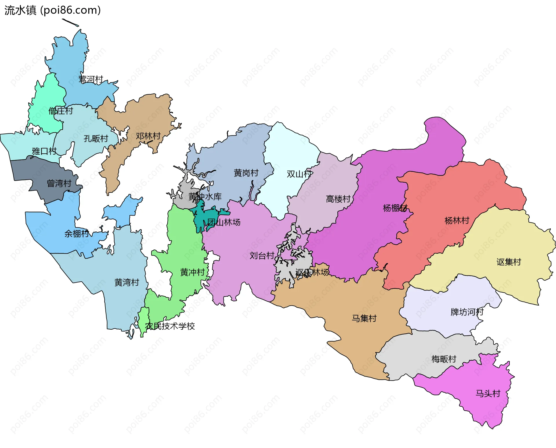 流水镇边界地图(五级行政区划)