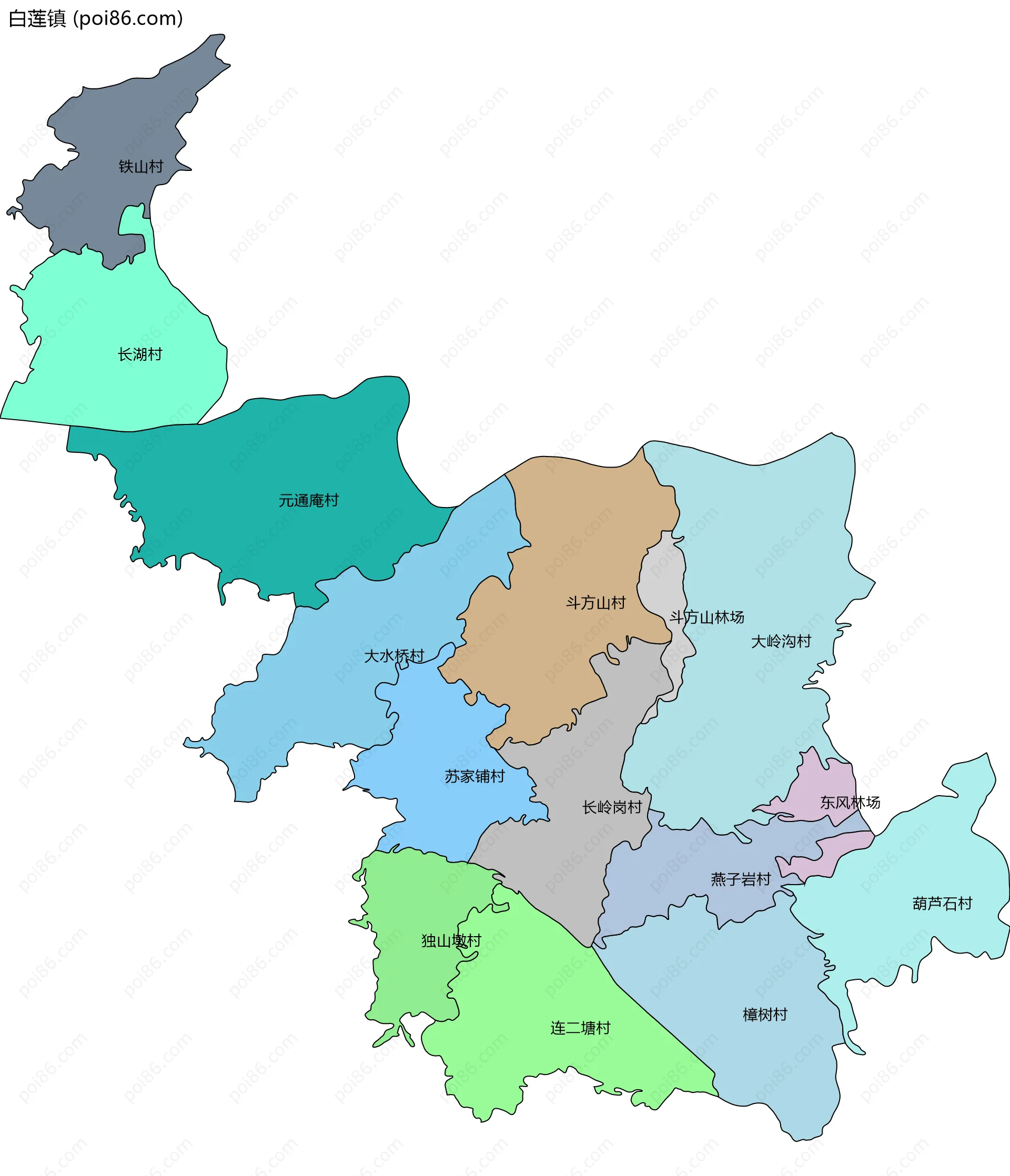 白莲镇边界地图(五级行政区划)