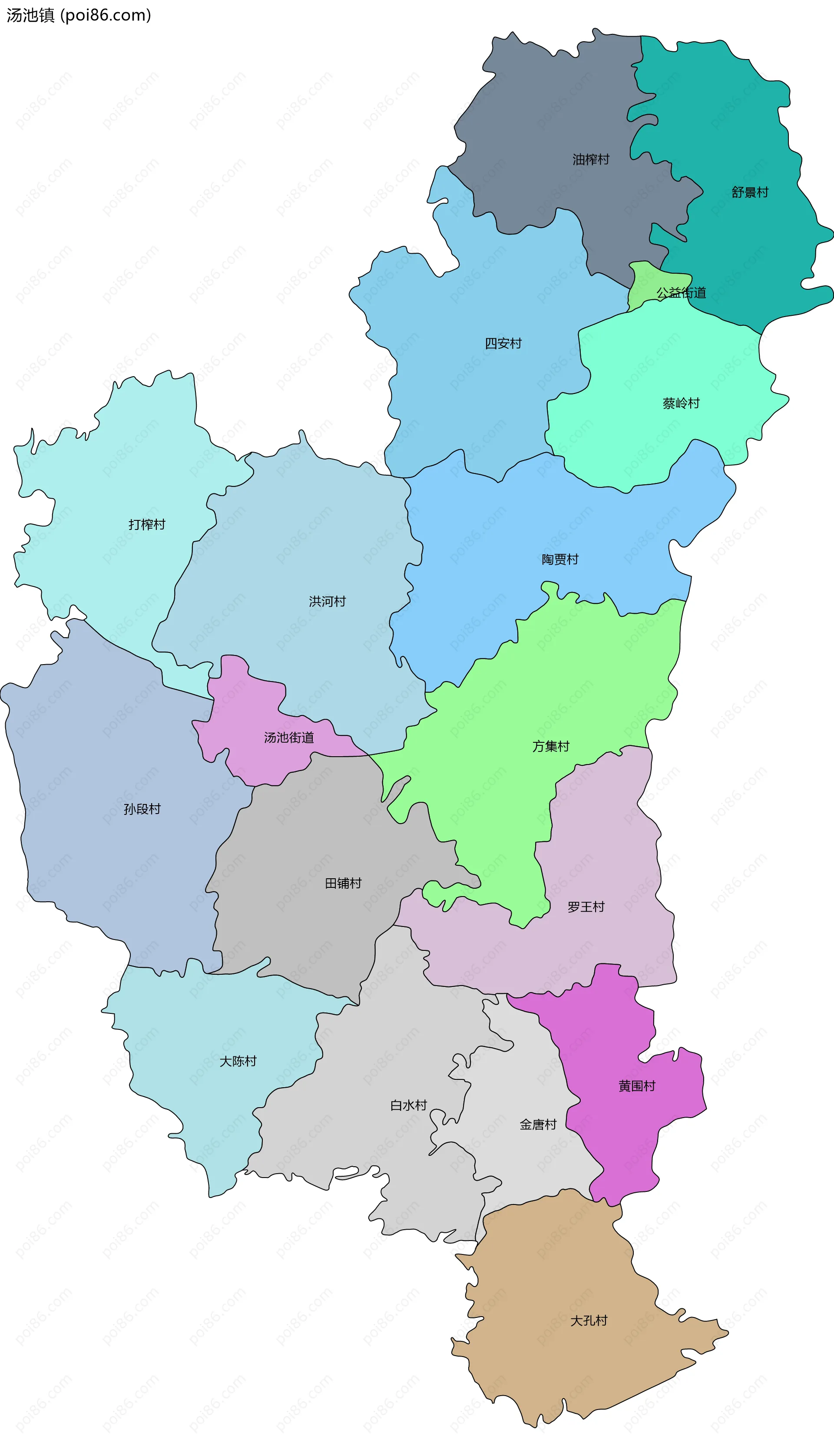 汤池镇边界地图(五级行政区划)